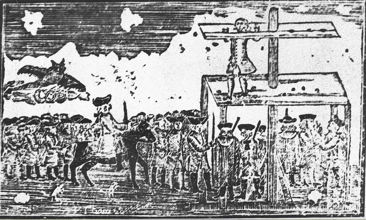 Black and white photo of woodcut showing a pillory being used to punish a criminal