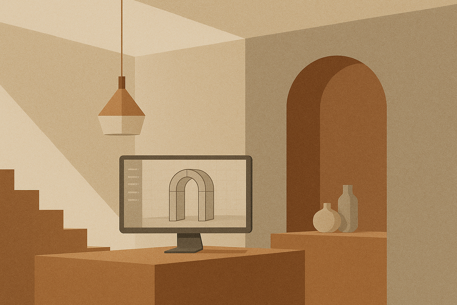 Digital illustration of a minimalist interior space with warm earthy tones, featuring a staircase, a hanging pendant light, a computer monitor displaying an arch design, and three vases on a shelf.