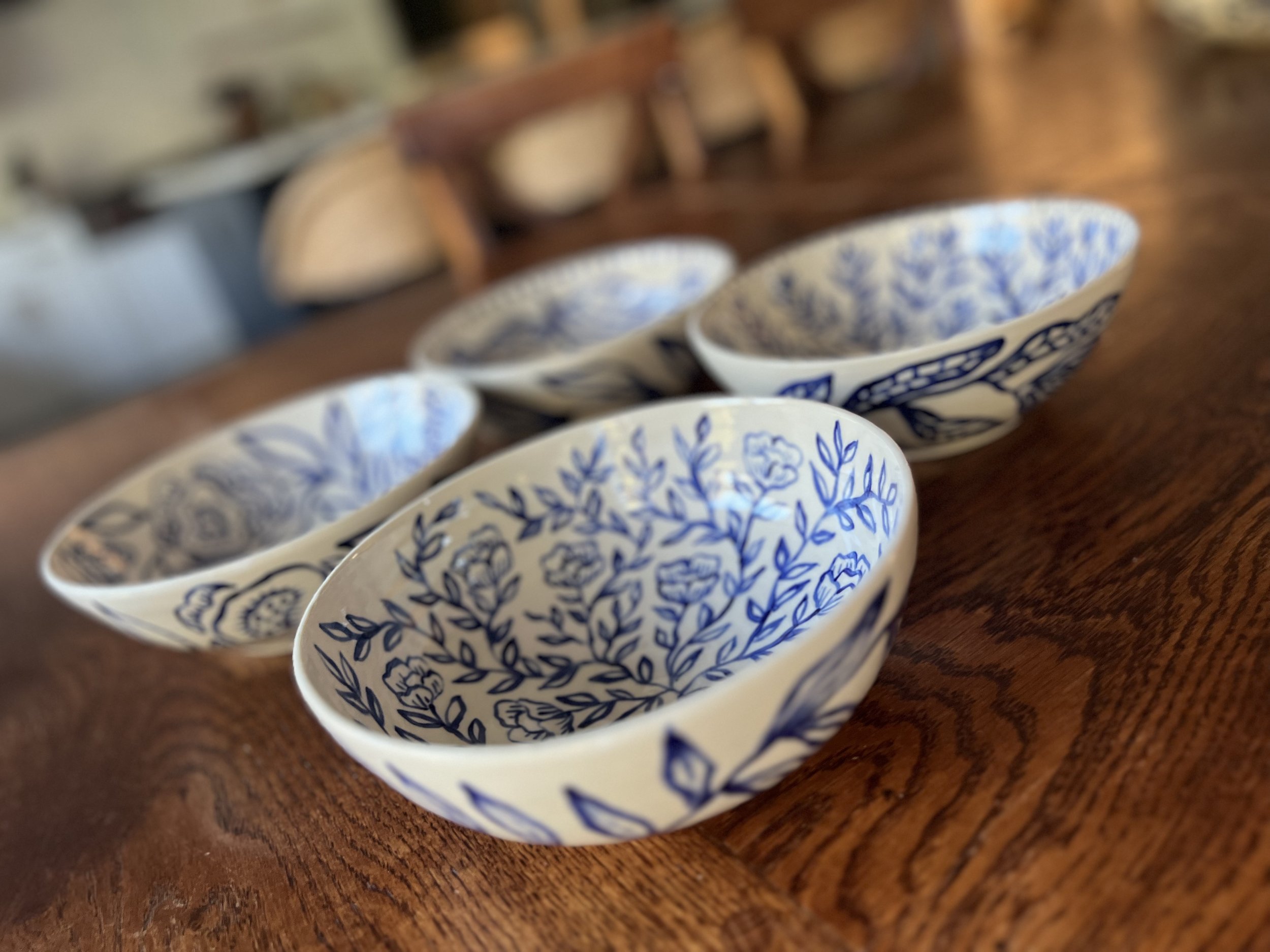 Set of 4 hand made, hand painted set of botanical floral Bowls