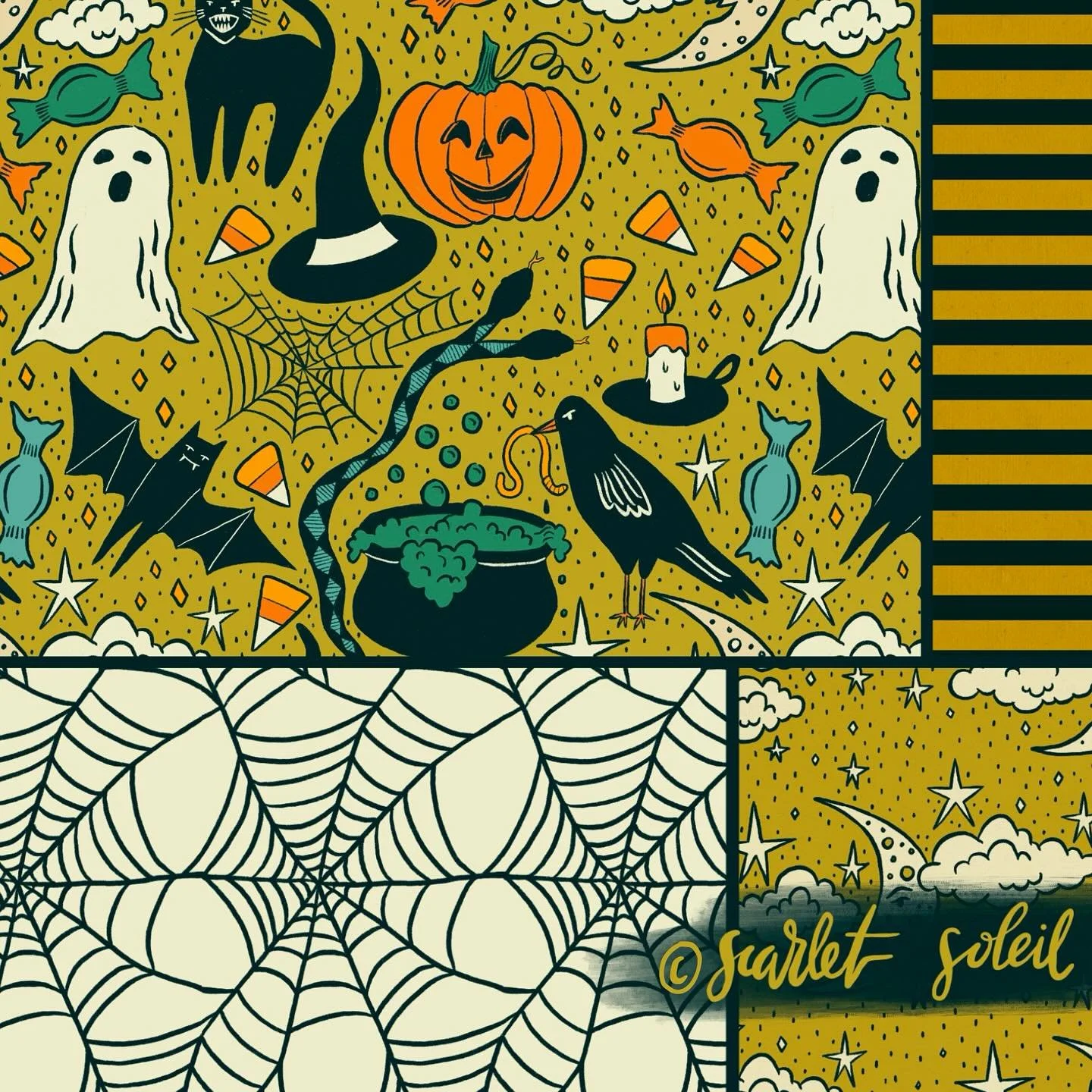 All three colorways of my last Halloween design.  I hope you are having a wonderful spooky season!

#spoonflower #surfacepatterndesign #fabric #halloween #crafting #fall