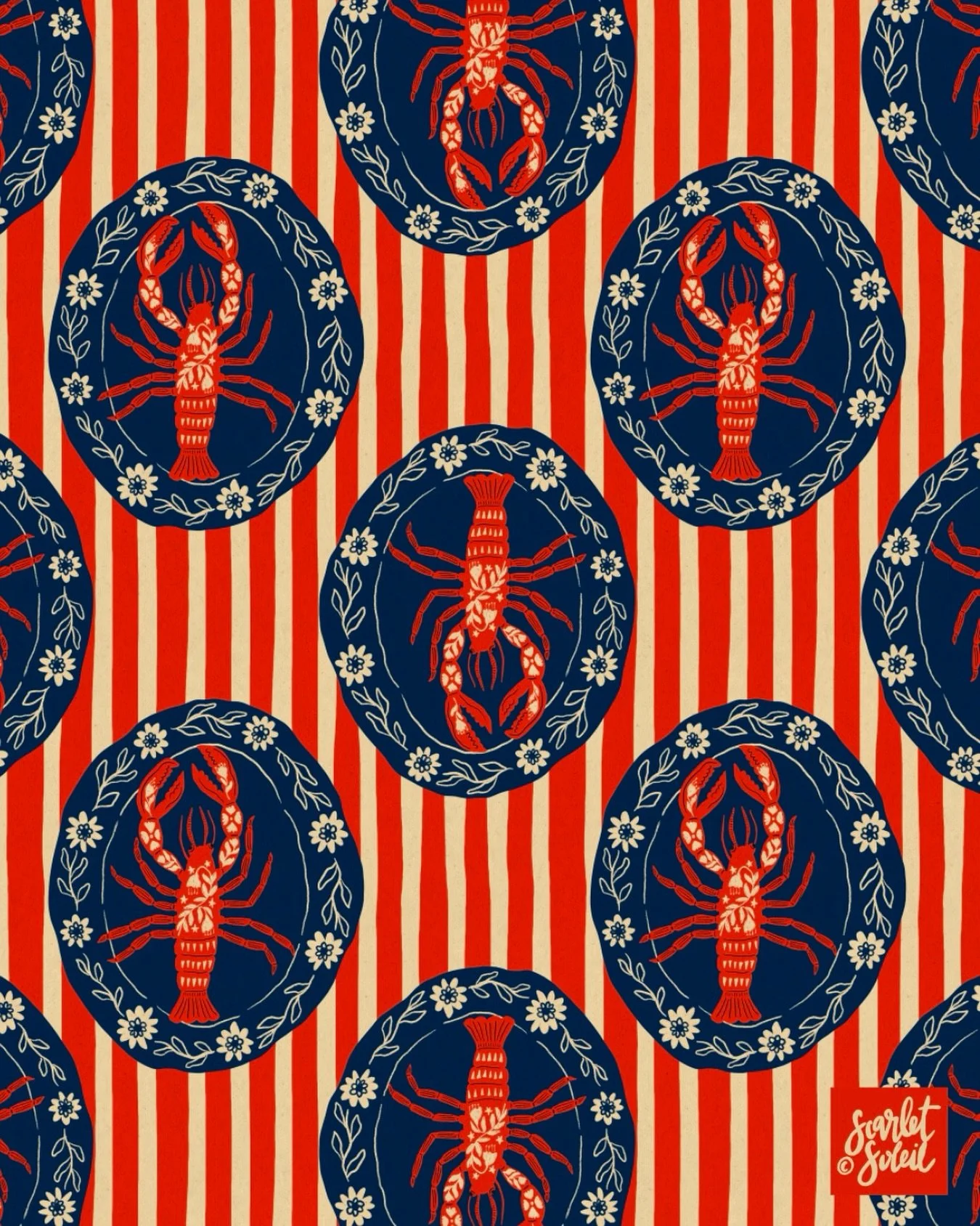 I&rsquo;m going to have to figure out how these placement prints translate to pattern at some point (as I&rsquo;ve done with my lobster here.) I made it into a multidirectional print by simply adding a funky, wonky stripe to it.

While pattern making