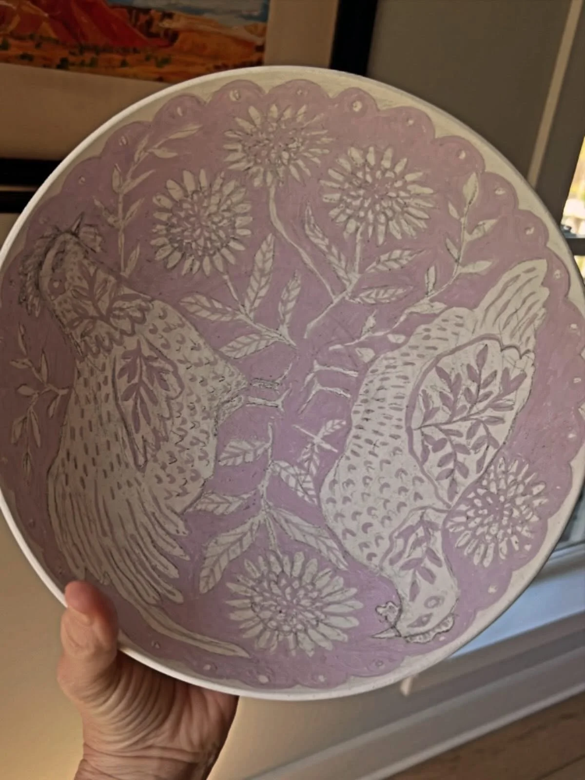 I painted some chickens. This bowl will be navy blue when finished and the pencil marks will disappear, but I'm going to count this as day 47/100.

My ceramics are painstakingly painted... slowly with a brush. The brush tends to dry out quickly requi