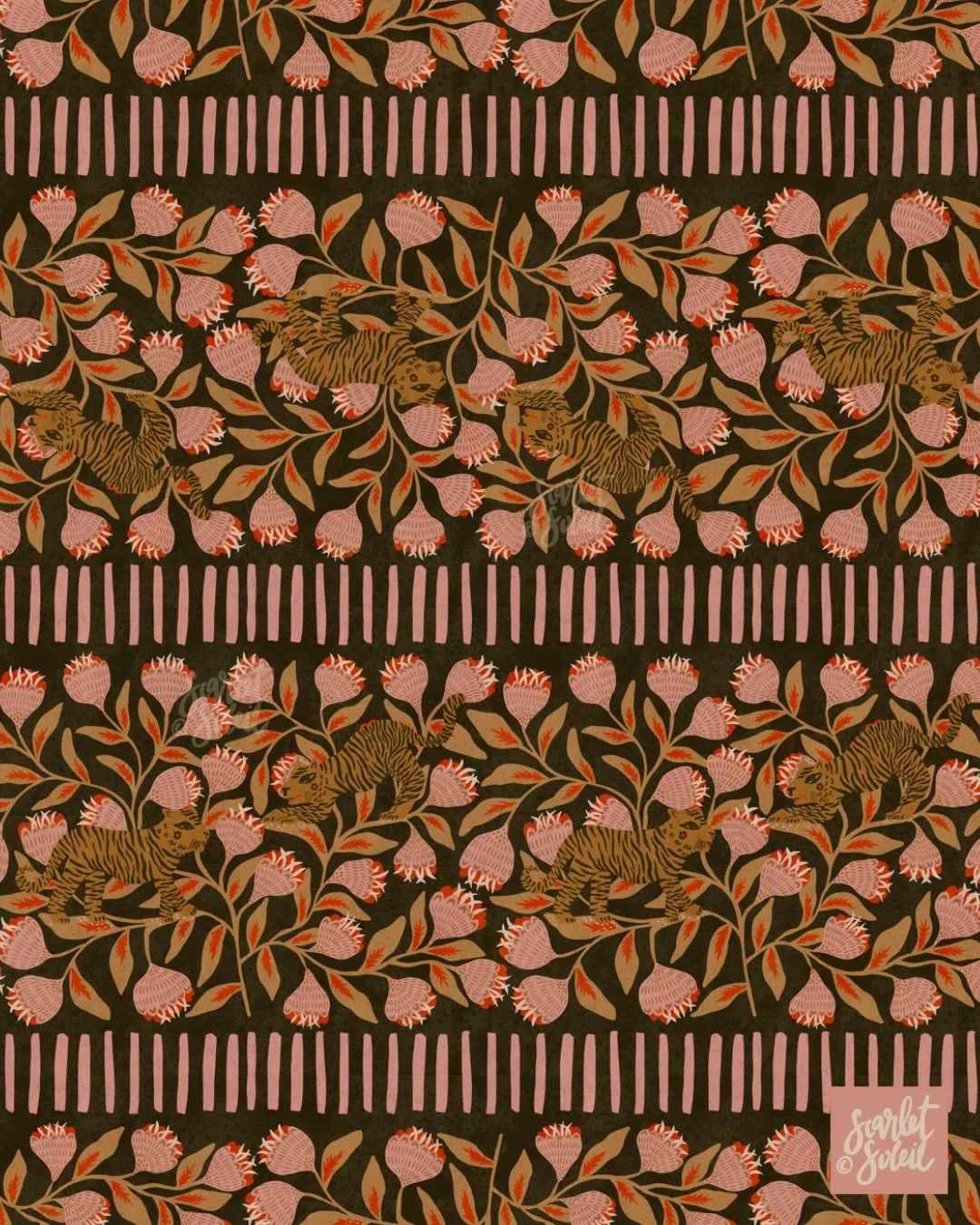 I made a tiger stripe pattern from my animals challenge!  A multidirectional and an upright only version.  Now to get working on that chintz! 😬😬😬

#pattern #tigers #handdrawn #surfacepattern