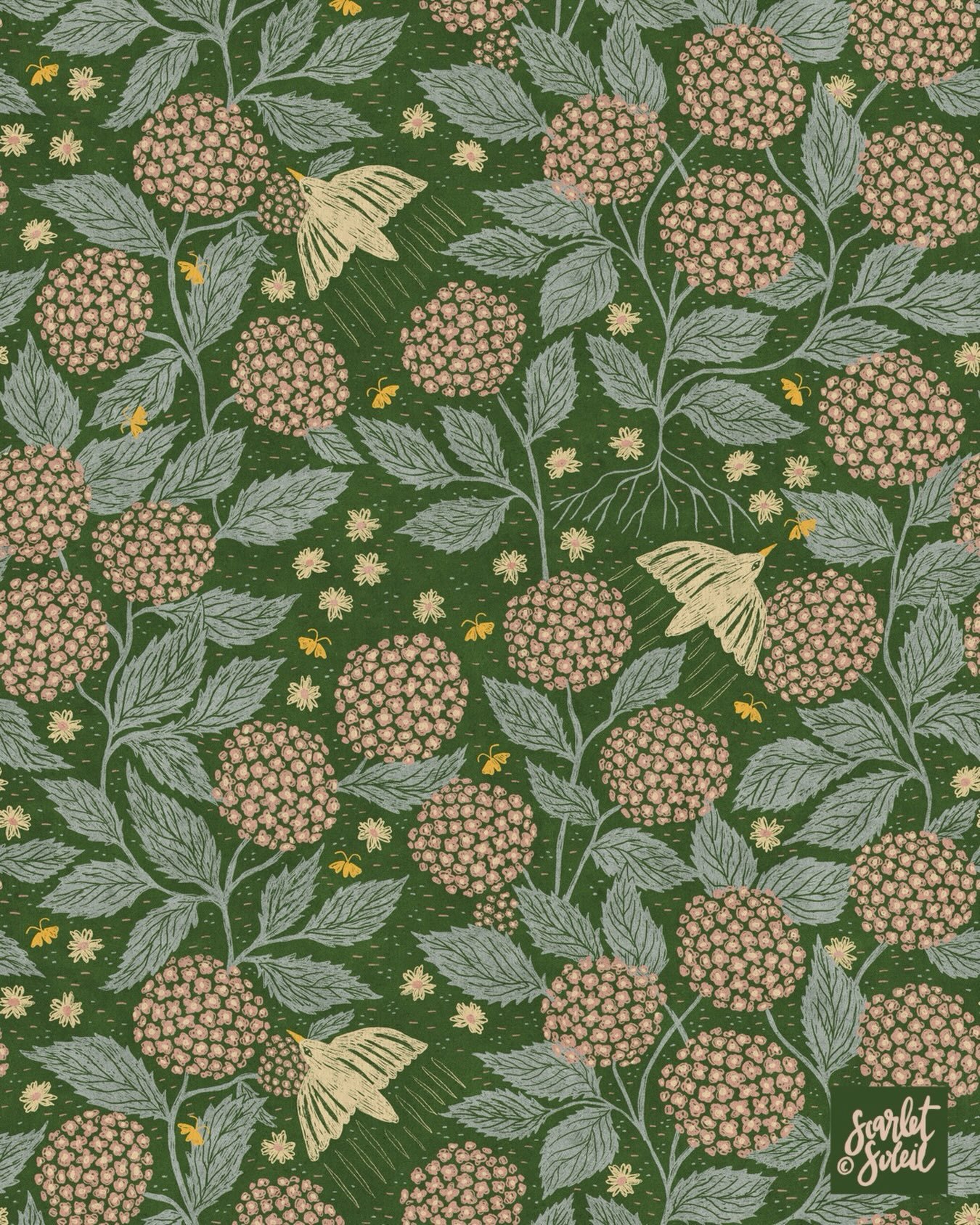 I worked most of the afternoon and late into the night on this one, scratching in every little detail.  And I didn&rsquo;t even start with a blank page!  I started off with the base of another print I made a while back. 

Hydrangeas are a labor of lo