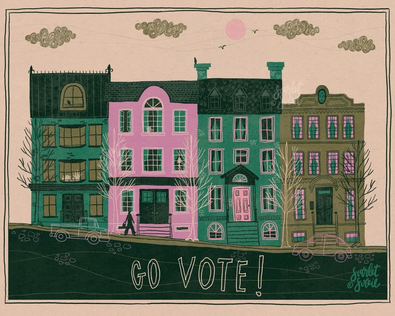 Played with a few color ways and made a few tweaks to my little townscape print. Please go out and get your EARLY vote on! 

If you are curious about when early voting starts in your area check out: https://www.vote.org/early-voting-calendar

#illust
