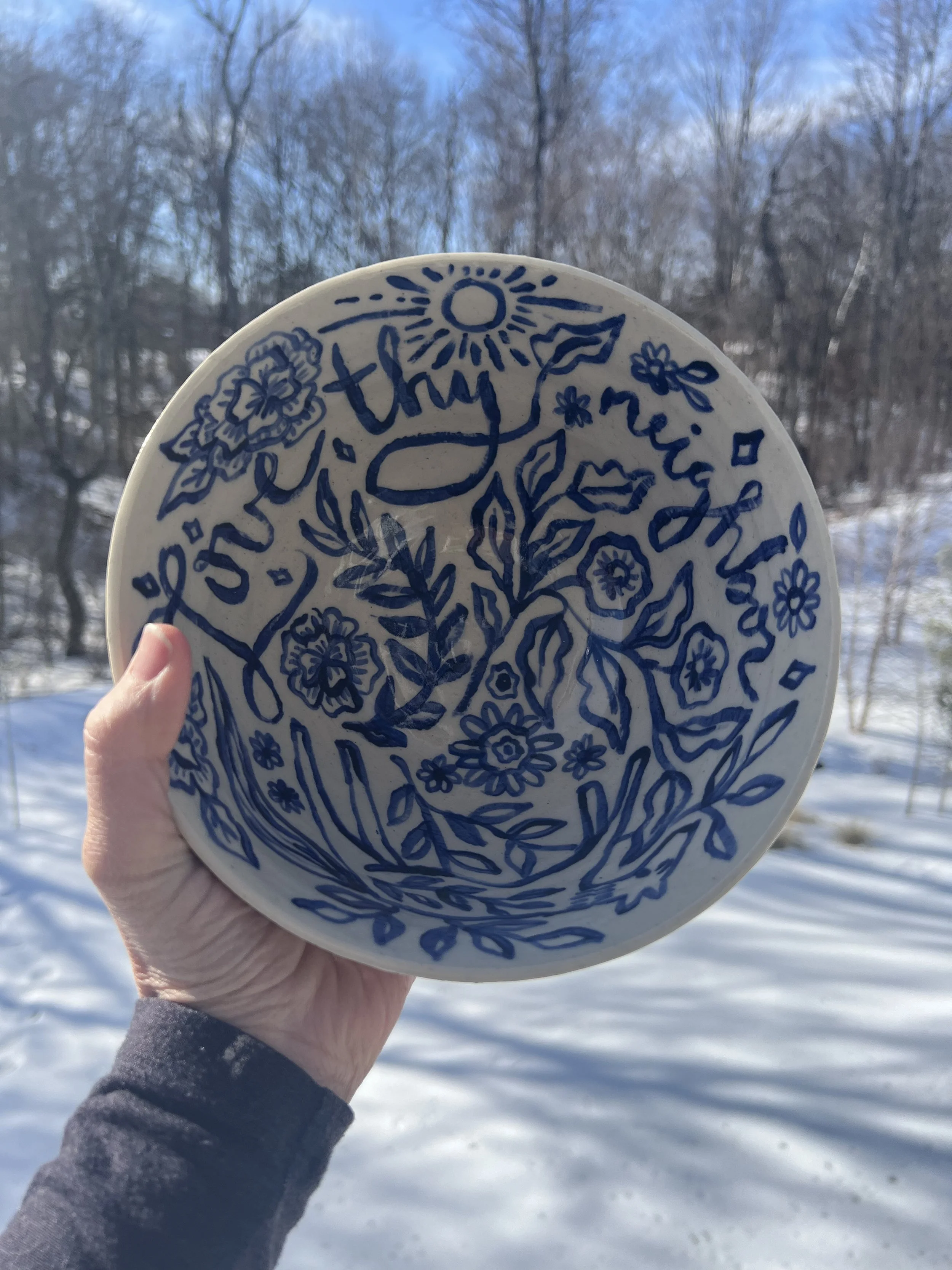 Love Thy Neighbor - folk art floral and fauna - hand painted deep bowl