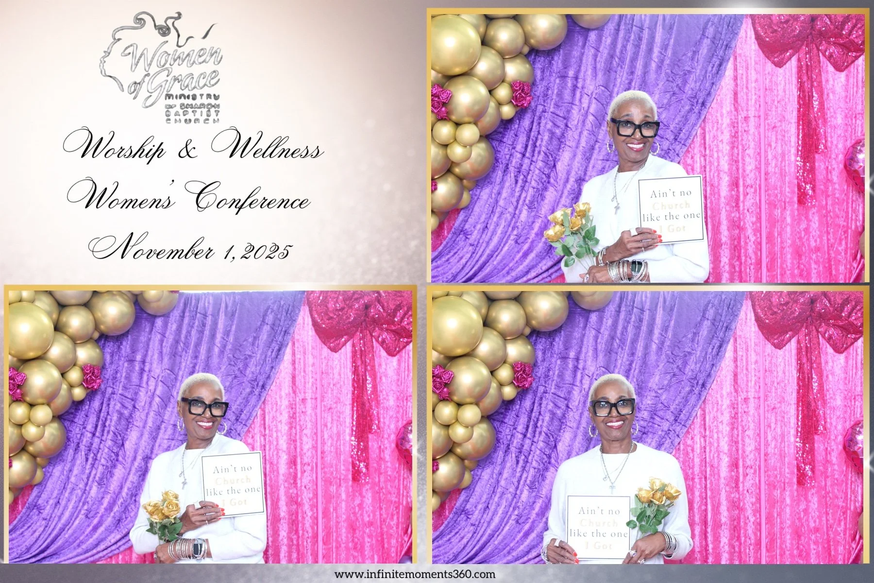 A collage for the Women of Grace Ministry's Worship & Wellness Women's Conference on November 1, 2025. The top left panel has text with the event details. The other three panels show a woman with short blonde hair, wearing glasses, a white outfit, holding yellow roses, and a sign that reads, 'Ain't no church like the one I Got,' standing in front of purple and pink draped fabric with gold and pink balloon decorations.