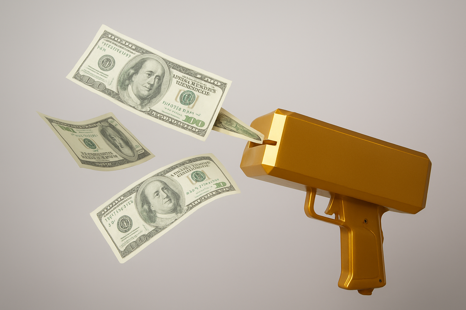 Two women celebrating at a party, with one tossing dollar bills into the air, in a room decorated with Christmas trees and purple lights.