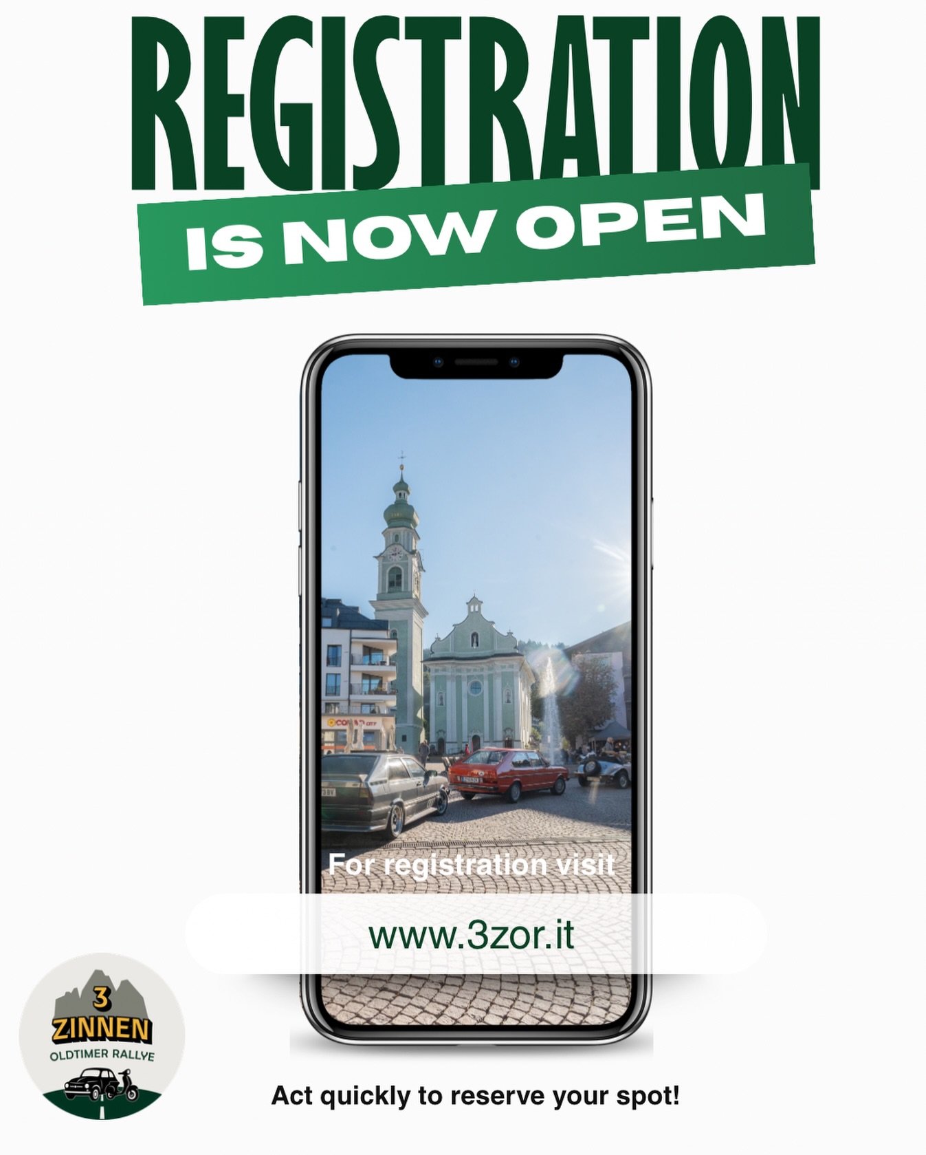 🚗 Registration is now open!
The official registration for the 3 Zinnen Oldtimer Rallye has started.
Secure your spot now 👉 www.3zor.it
⏳ Limited entries available!

#3ZinnenOldtimerRallye #OldtimerRallye #ClassicCarRally #VintageCars #ClassicCars