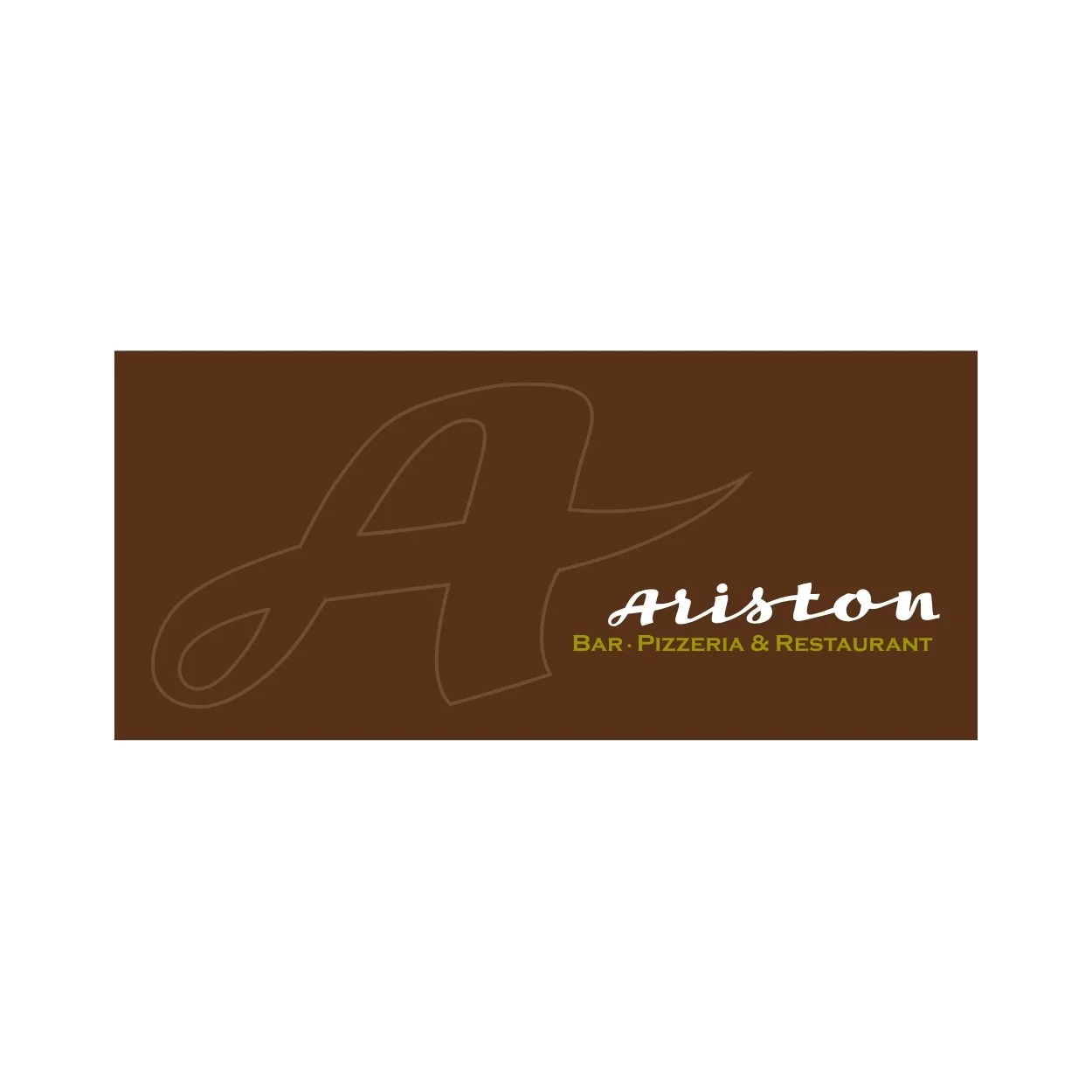 Logo for Ariston Bar, Pizzeria, and Restaurant with a large stylized letter 'A' and the words 'Ariston' and 'Bar, Pizzeria & Restaurant' on a brown background.