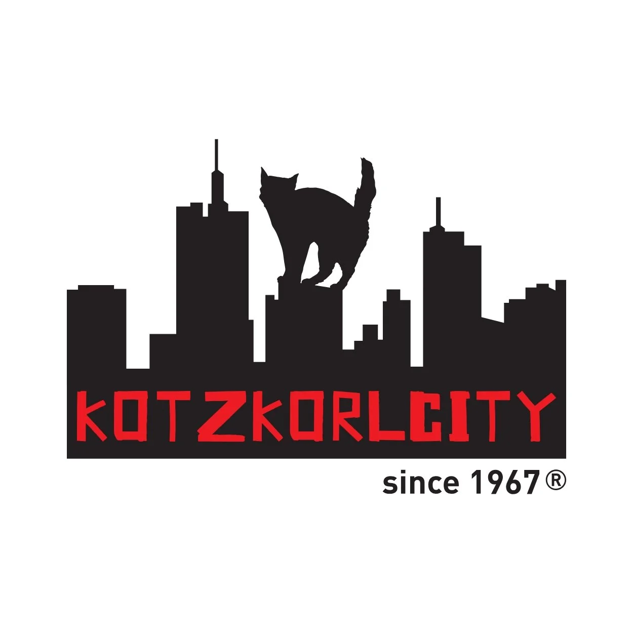Black silhouette of a city skyline with a cat standing atop one of the buildings. Below, the text reads "KOTZKORLCITY" in red, and underneath that in black, it says "since 1967" with a registered trademark symbol.