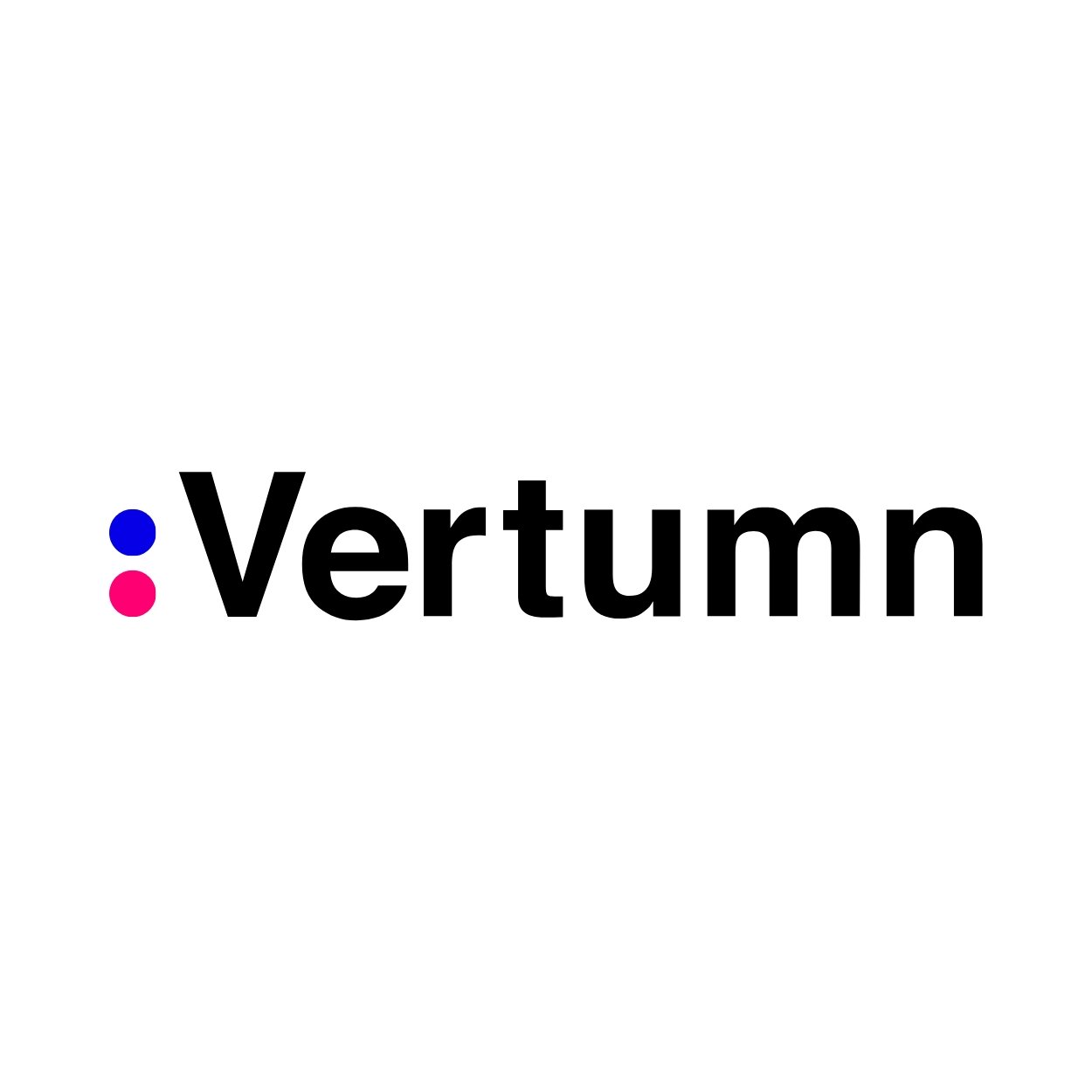 The logo of Vertum, featuring black text with a dots in blue and pink on the left.