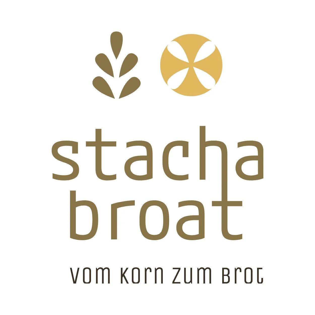 Logo for Stacha Brot featuring two stylized wheat and lemon slices, with the tagline 'vom Korn zum Brot' in German.