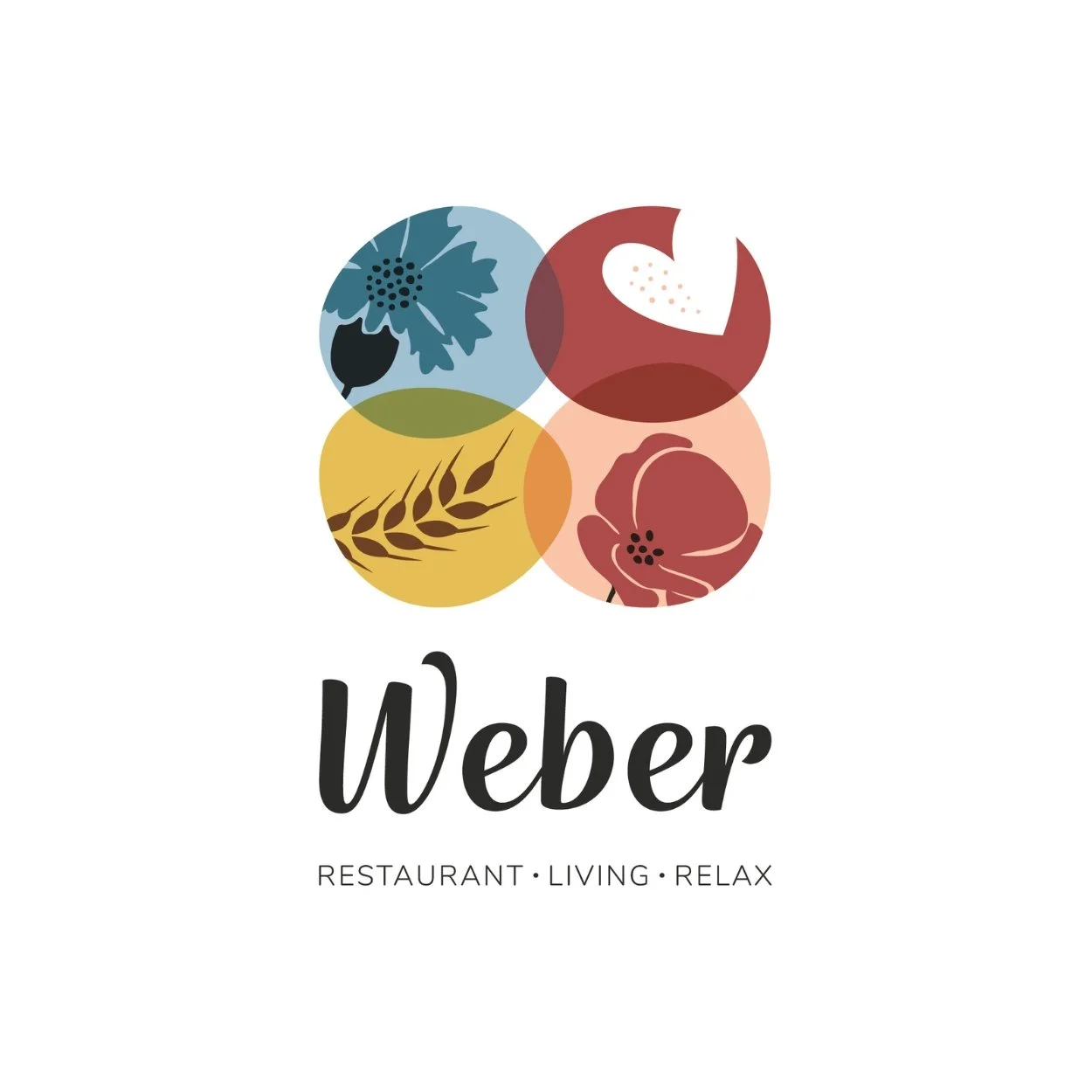 Logo for Weber featuring four colorful circles with floral and wheat illustrations, and the words 'Weber' with the tagline 'Restaurant, Living, Relax'.