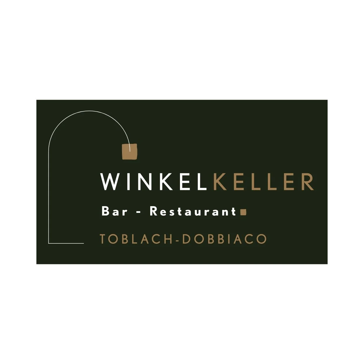 Business card for Winkelkeller, a bar and restaurant located in Toblach-Dobbiaco. The design features a dark background with minimalist light accents and text.