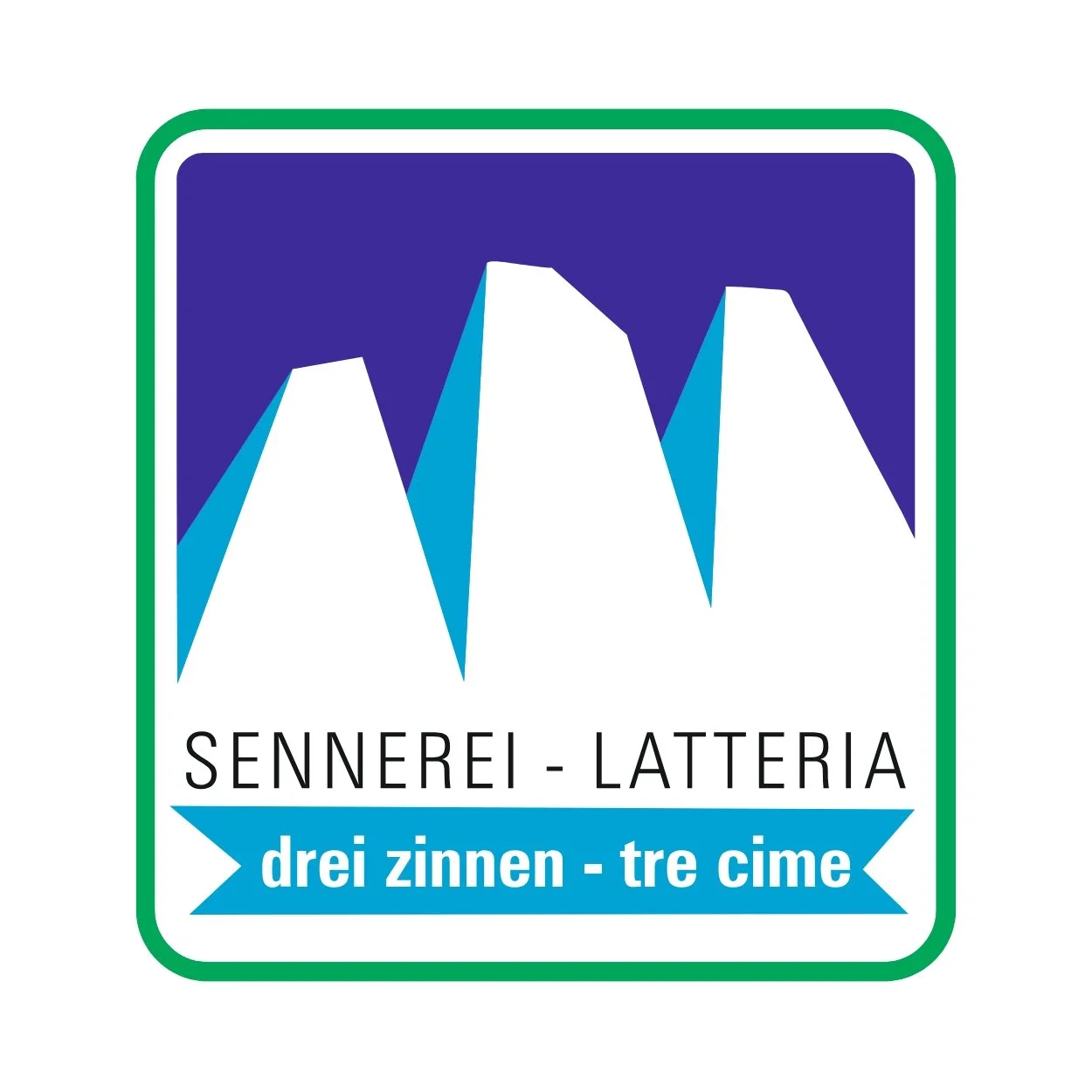 Logo of Sennerei Latteria featuring stylized snow-capped mountains in white with blue shading, green border, and blue banner with Italian and English text saying "drei zinnen - tre cime."