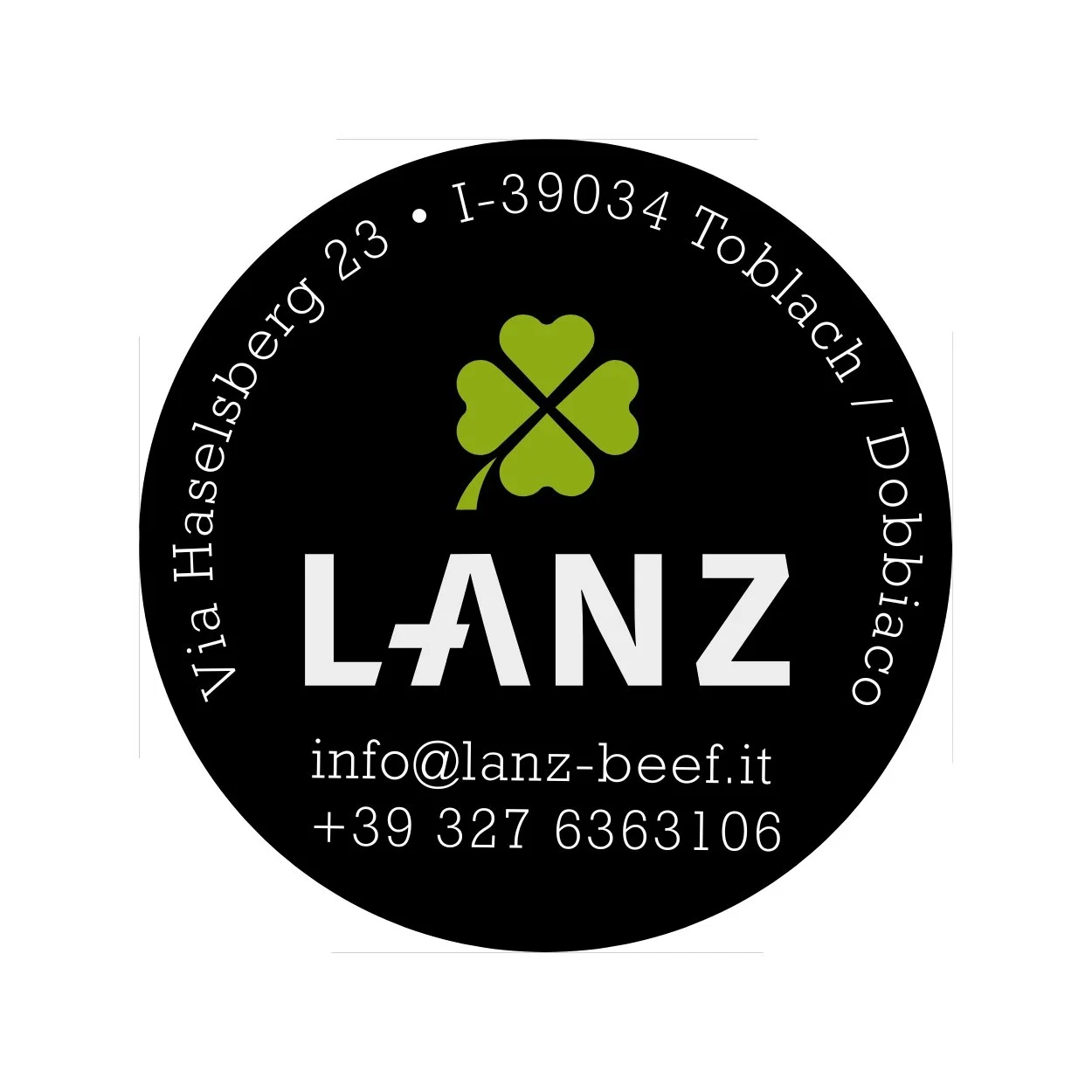 Business logo featuring a black circular background, a green four-leaf clover with a small stem in the center, and white text displaying contact details and name 'LANZ' in bold capital letters.