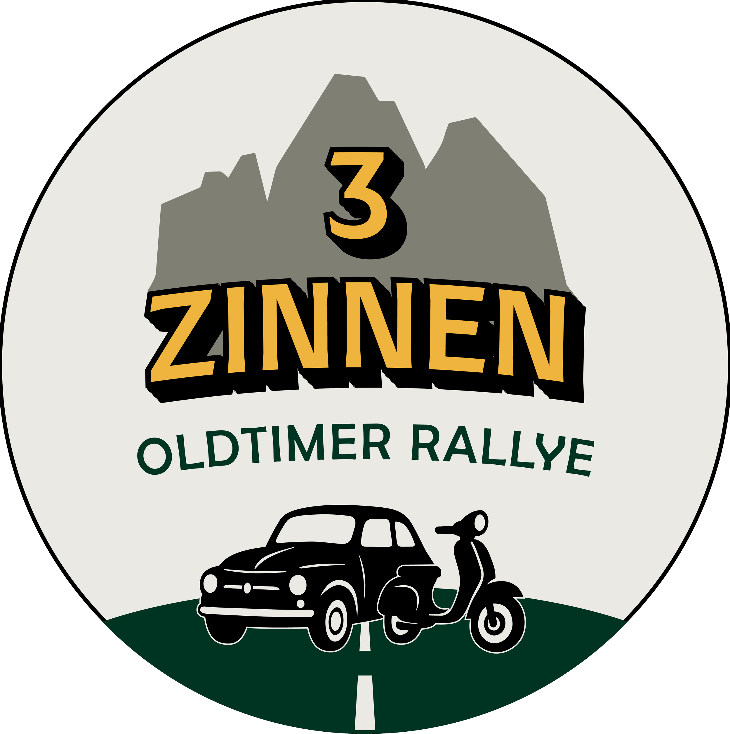 Logo dell'evento Zinnen Oldtimer Rallye, con montagne sullo sfondo, un'auto e una Vespa davanti a una strada.