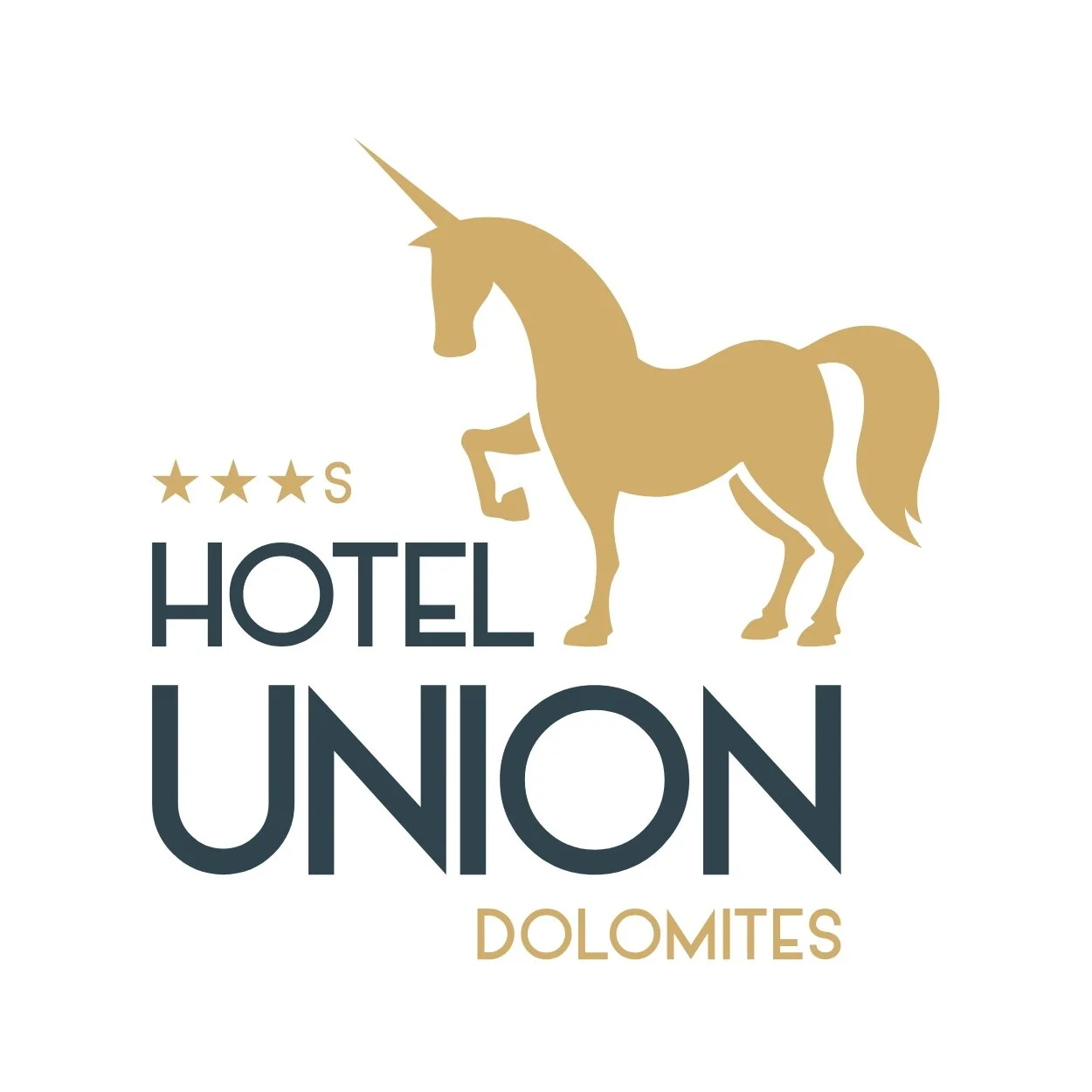 Logo for Hotel Union Dolomites featuring a gold unicorn illustration and text.
