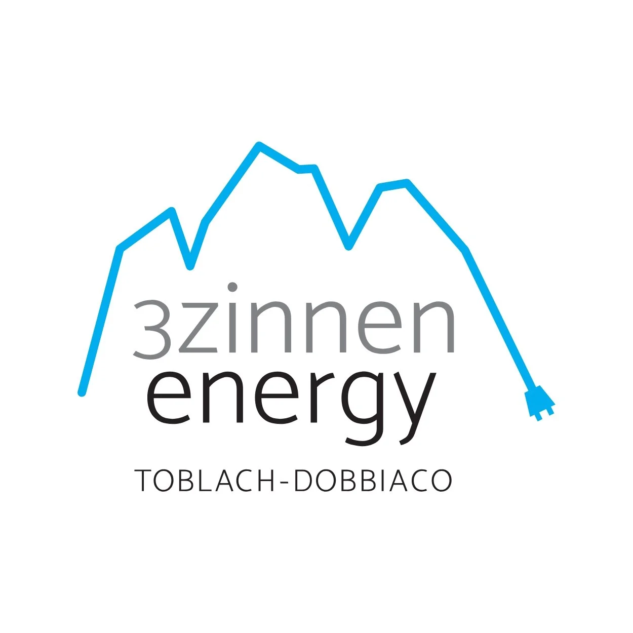 Logo for 3zinnen Energy featuring a blue line graph resembling a mountain range with an electrical plug at the end, and the words '3zinnen energy' and 'Toblach-Dobbiaco'.