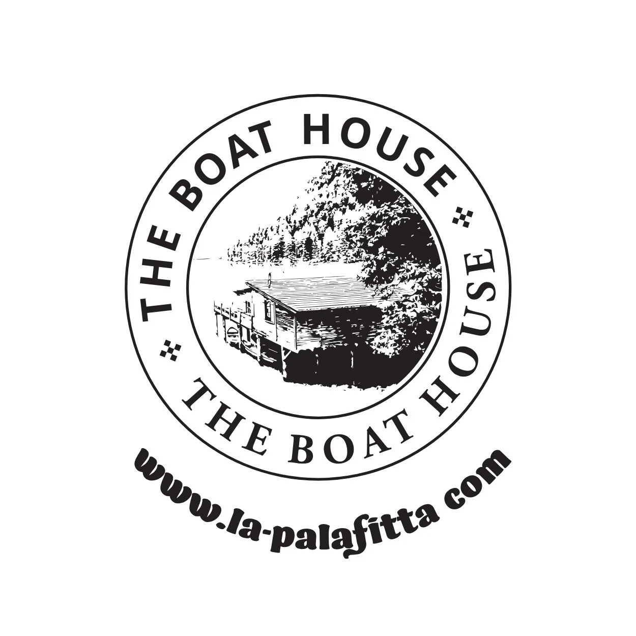 Logo for The Boat House with an illustration of a wooden boathouse near a lake and trees, surrounded by the website URL www.la-palaffita.com.