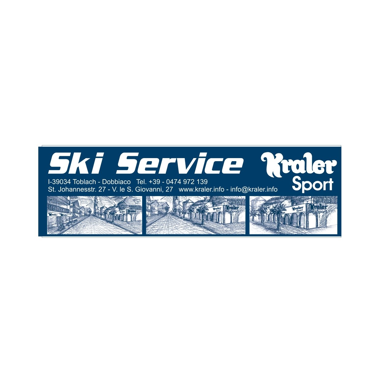 Advertisement for Kraler Sport Ski Service with contact details and three sketches of a town street.