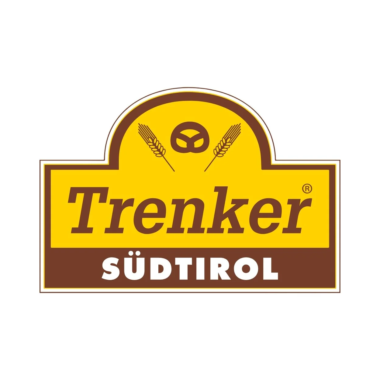 Trenker Südtirol beer label with wheat and pretzel graphics, yellow and brown color scheme.