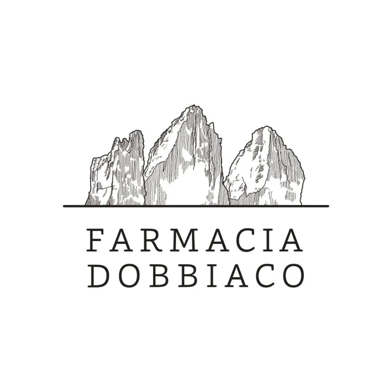 Black and white logo of mountain peaks above the words "Farmacia Dobbiaco" in bold uppercase letters.