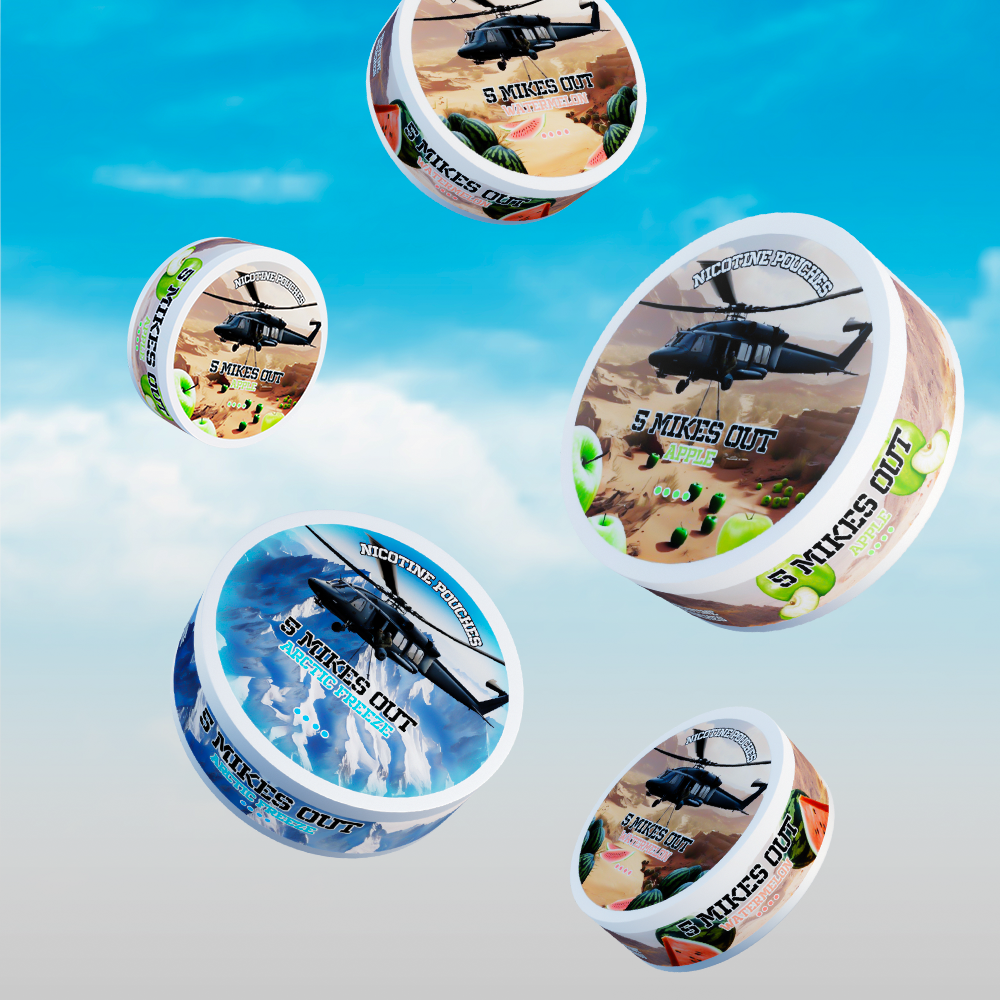 Multiple cans of nicotine pouches labeled "5 MIKES OUT" with flavor descriptions such as "APPLE" and "ARCTIC FREEZE," floating in a sky with clouds.