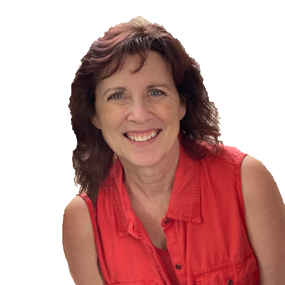 Smiling woman with shoulder-length brown hair wearing a red sleeveless shirt.