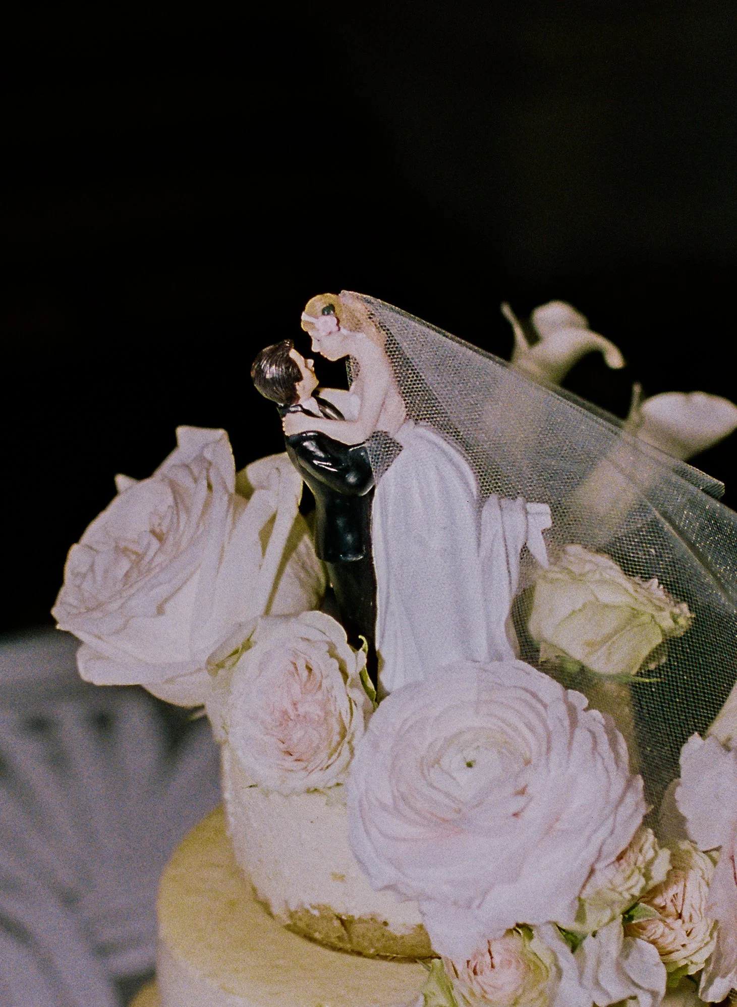 Vintage-style wedding cake topper of a bride and groom surrounded by soft blush flowers on a wedding cake. (Copy)