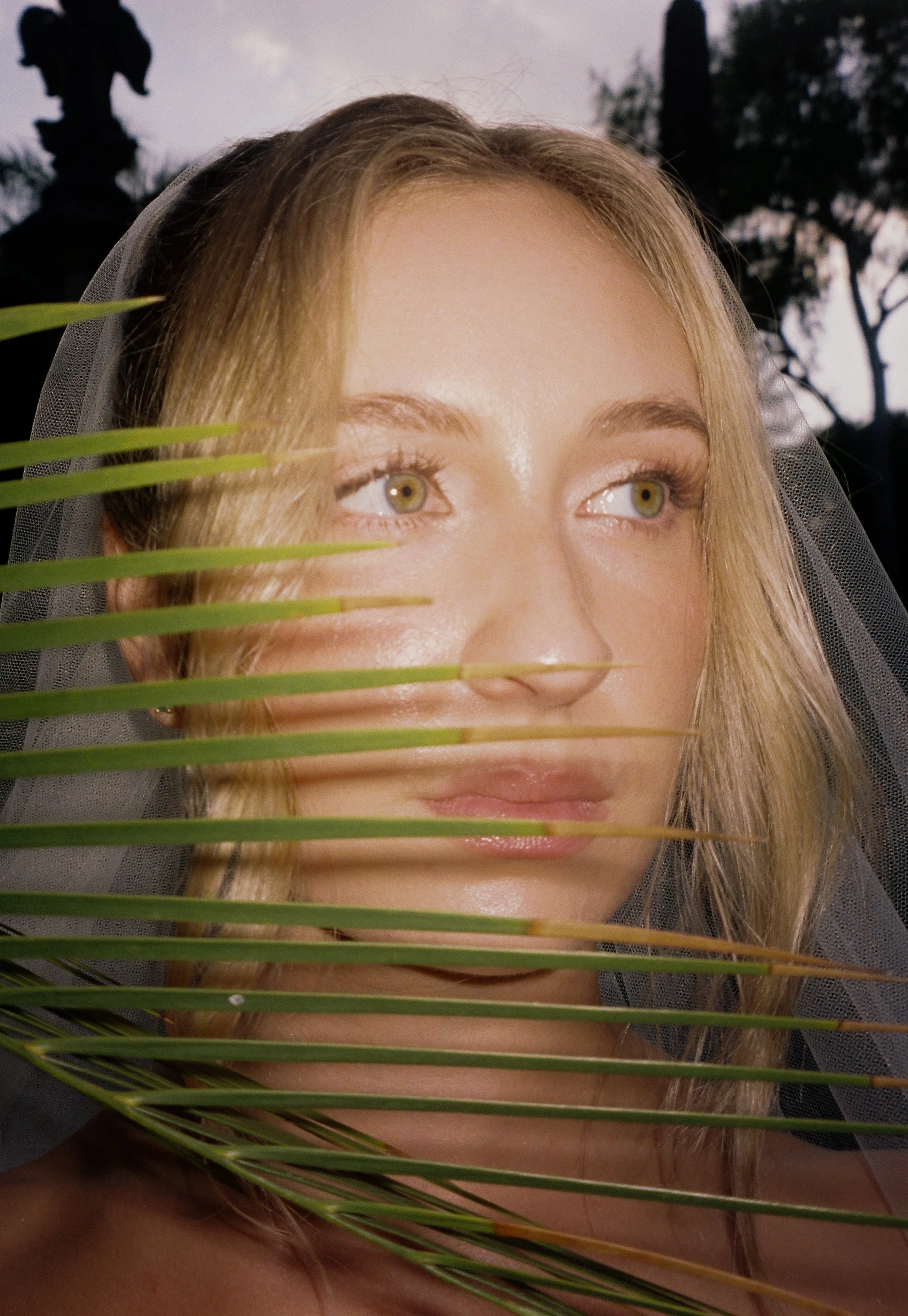 Close-up bridal portrait with soft veil and palm leaves partially framing her face during a Vizcaya Museum and Gardens wedding. (Copy)