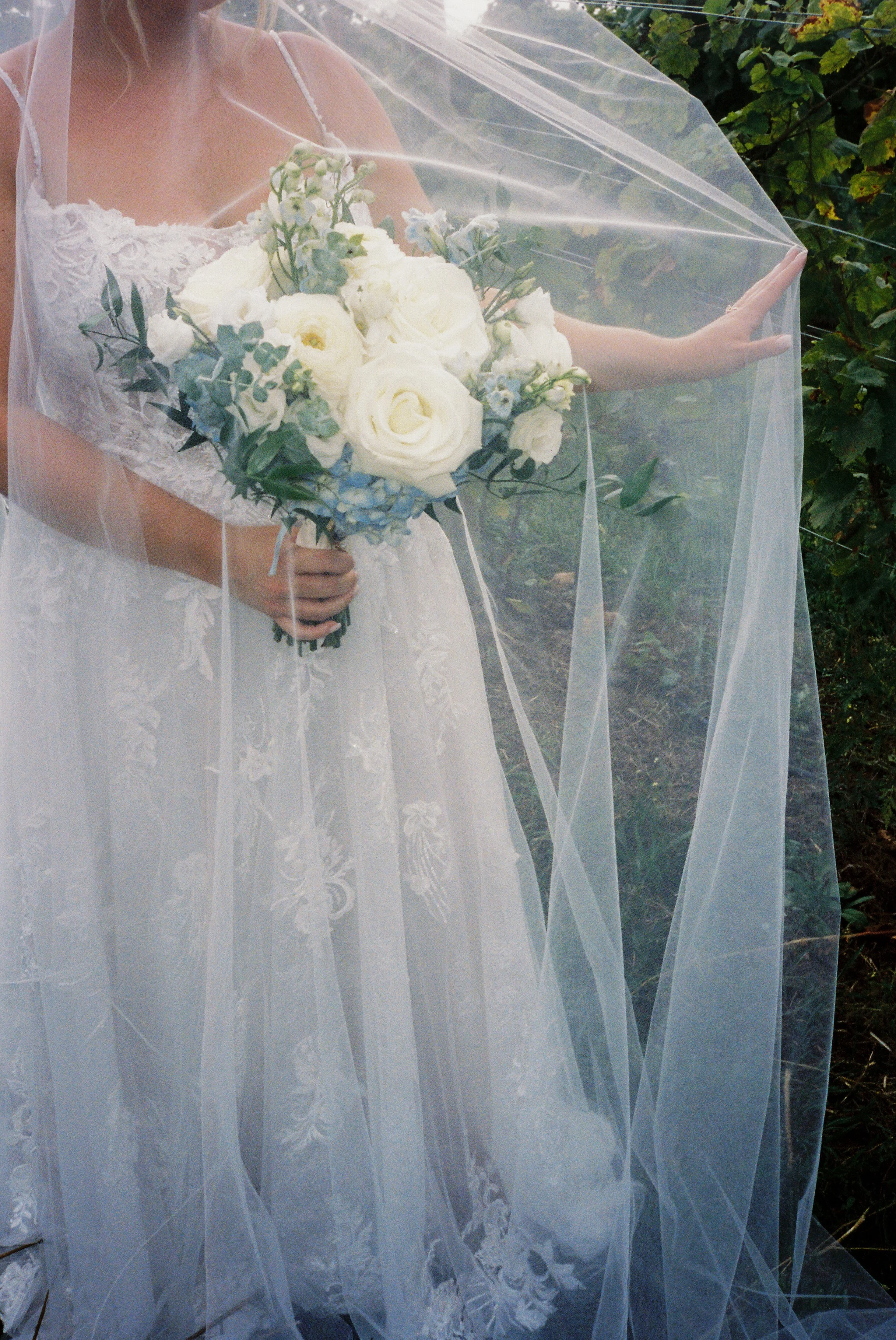 Close-up of a bridal bouquet with white and blue flowers framed by a flowing veil during a Northern Michigan vineyard wedding.