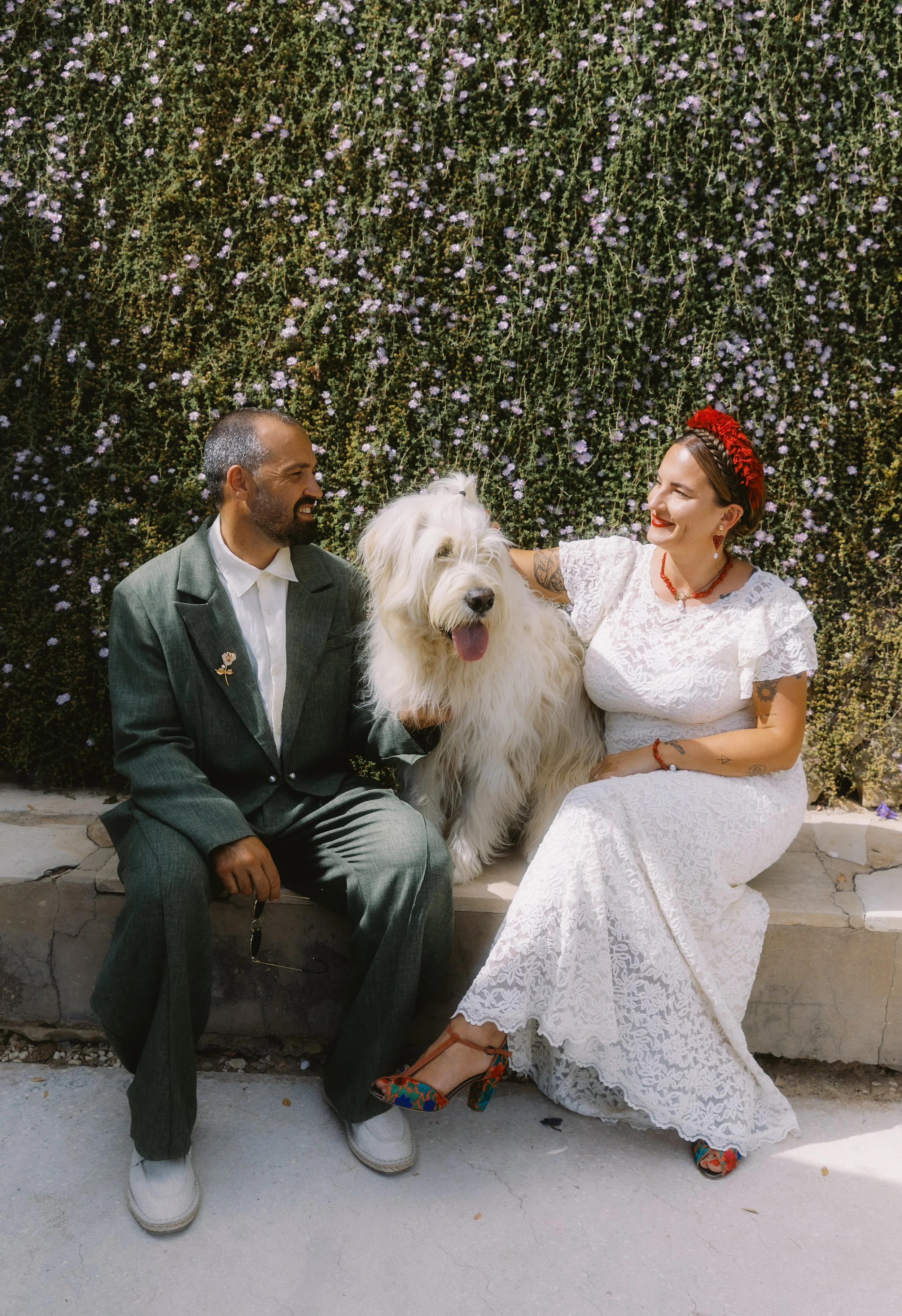 Bride and groom share a fun moment with their dog while sitting on a ledge