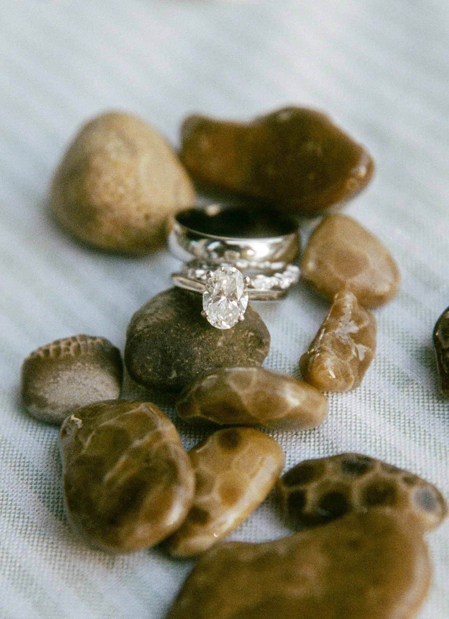 Wedding rings displayed on smooth stones for a Northern Michigan backyard wedding.