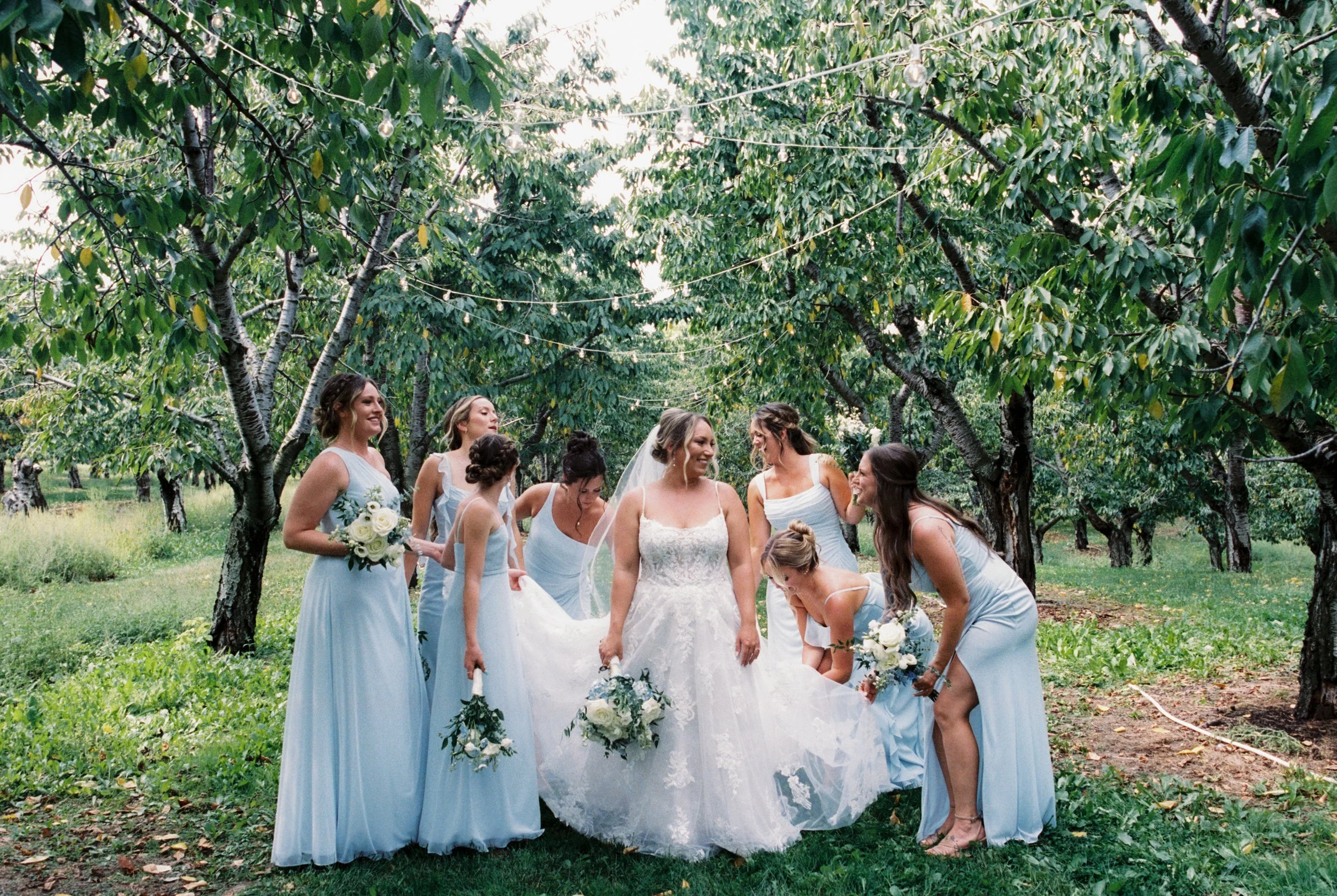 Bride and bridesmaids in light blue dresses gathered beneath orchard trees before the wedding ceremony.