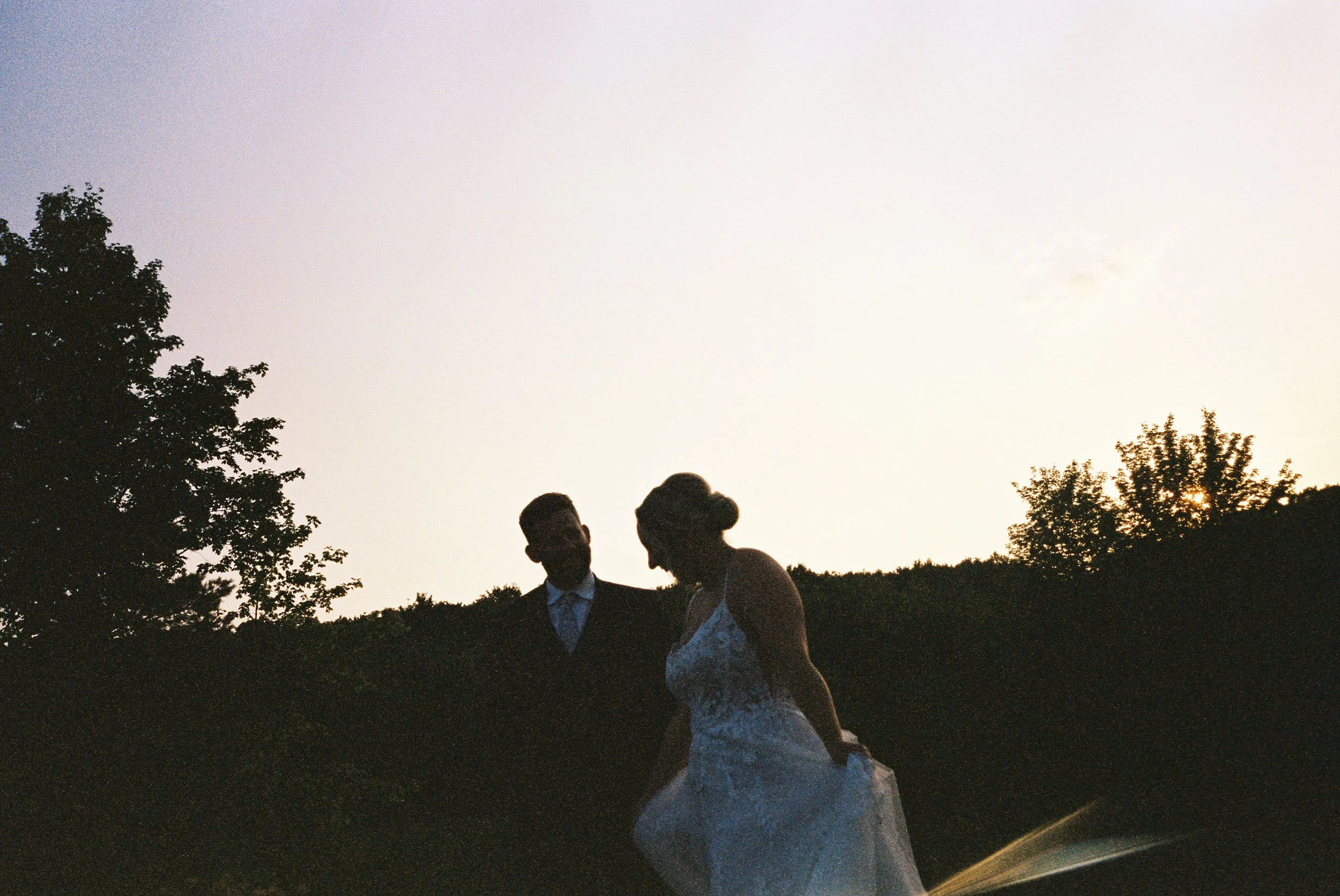 Silhouette portrait of a newlywed couple at sunset overlooking vineyard rows during a Northern Michigan vineyard wedding.