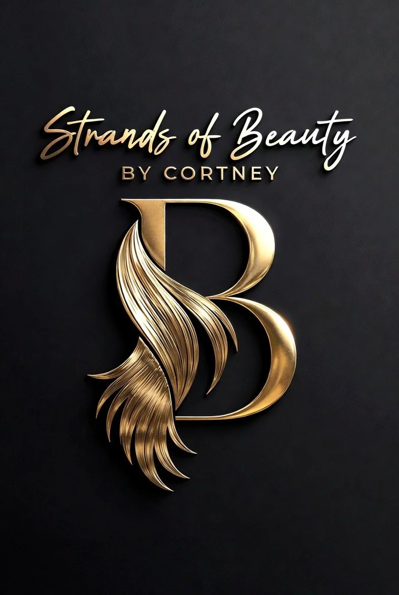 Gold logo with the text 'Strands of Beauty by Cortney' and a stylized gold hair strand forming part of the letter B on a black background.