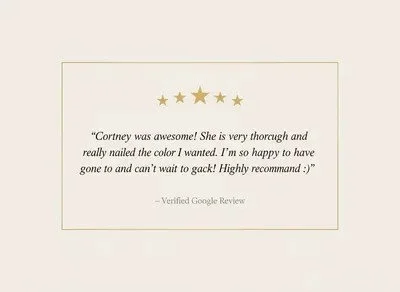 A positive review with five gold stars and a quote praising Cortney, posted on a light beige background.