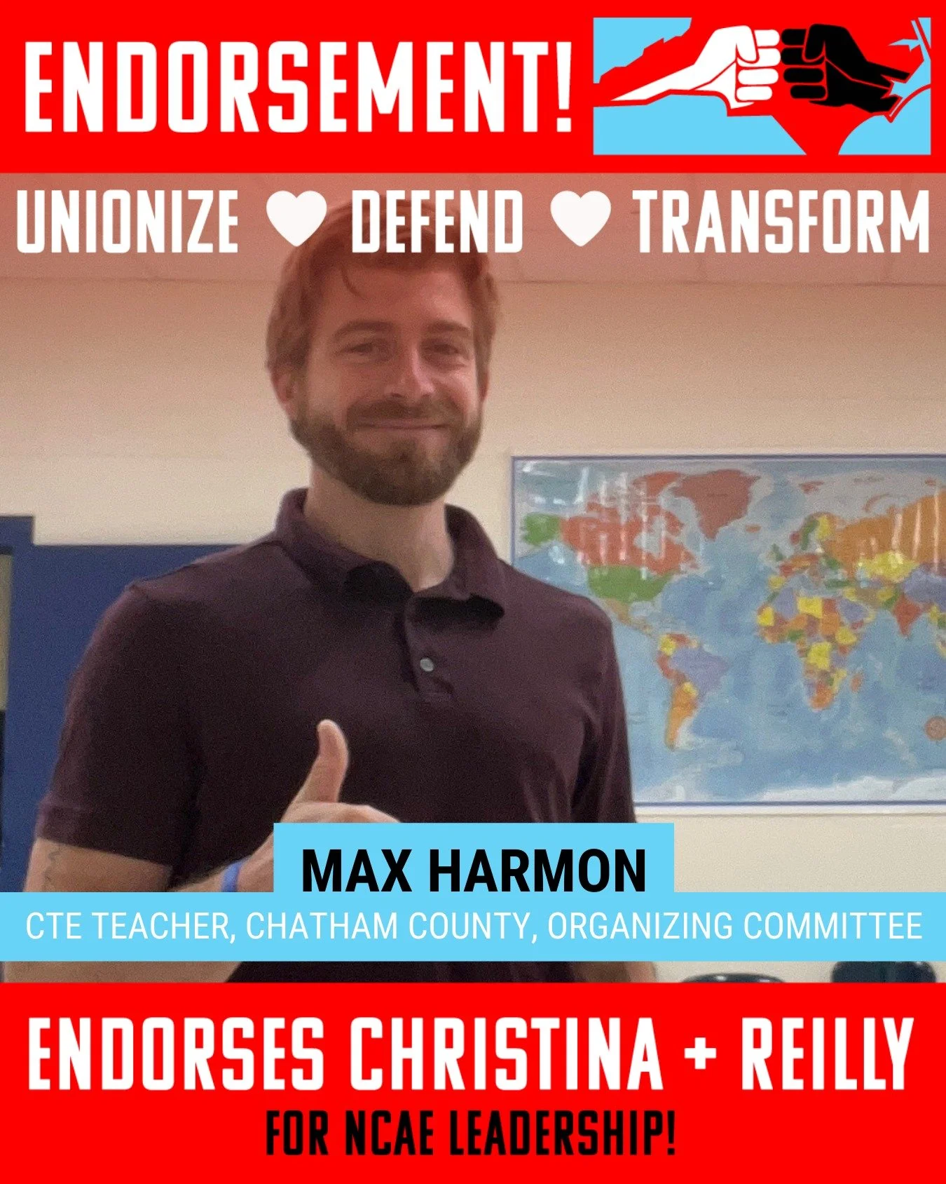 Honored to have Max's support and grateful to have so many skilled and commited leaders like him helping building our union's power in Chatham County Association of Educators and across our state, so that we can save public education in NC! 

Learn m