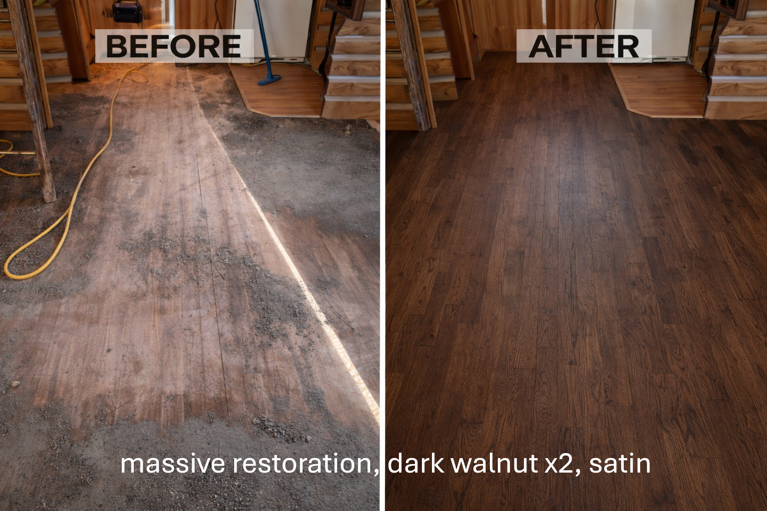 Comparison of a floor before and after renovation: left side shows a rough, unfinished surface with exposed dirt, while the right side displays a polished dark walnut wood floor with satin finish.