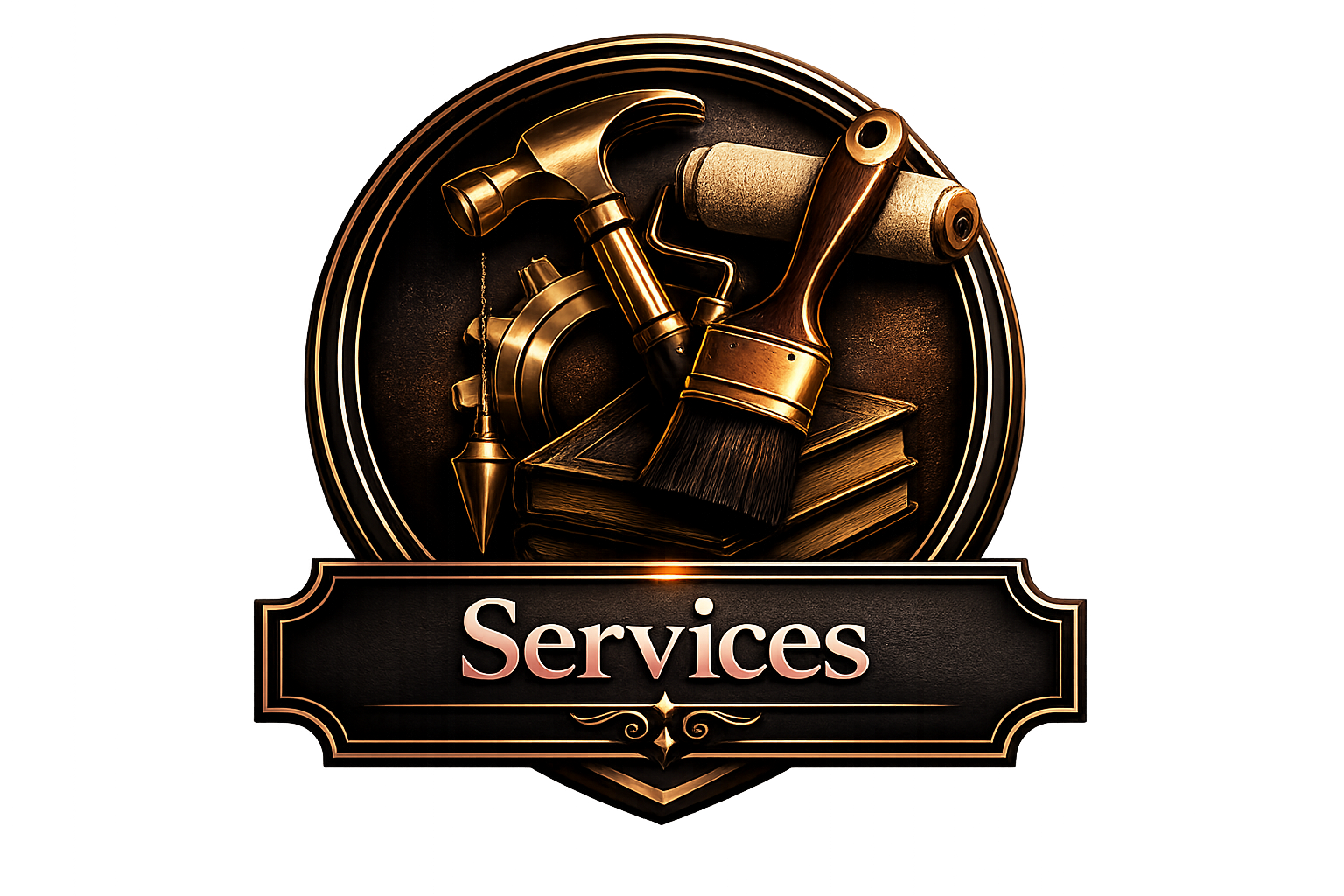A decorative logo featuring a hammer, paint roller, paintbrush, and a compass, with the word 'Services' on a black and gold plaque.