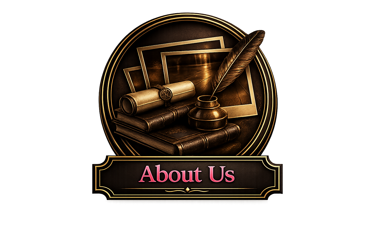 A decorative round sign with a vintage style featuring a quill, rolled and closed scroll, old books, and framed photographs, with a black and gold border and a pink 'About Us' text on a black background at the bottom.