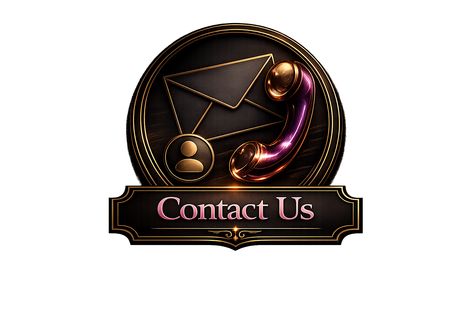 A contact us graphic with a gold and pink vintage phone, an envelope icon, and a person icon inside a circular outline, with a black and gold banner reading 'Contact Us' in pink text.