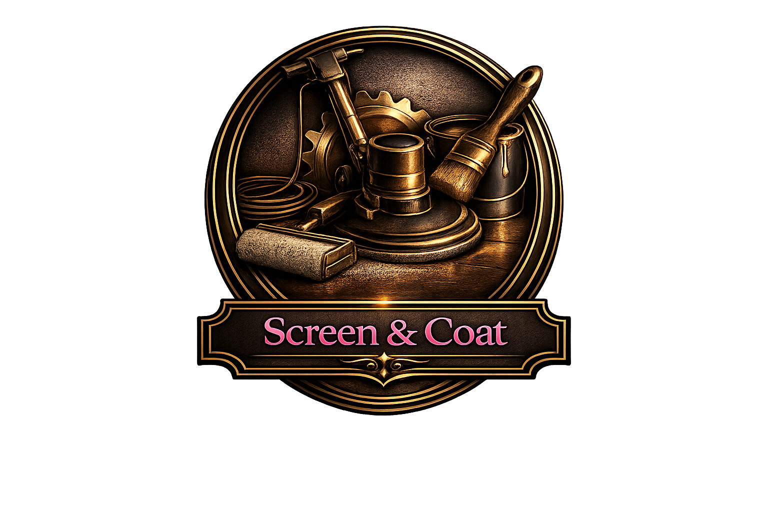 Gold and black logo for 'Screen & Coat' featuring a paint roller, brushes, paint cans, and a gear, indicating painting and coating services.
