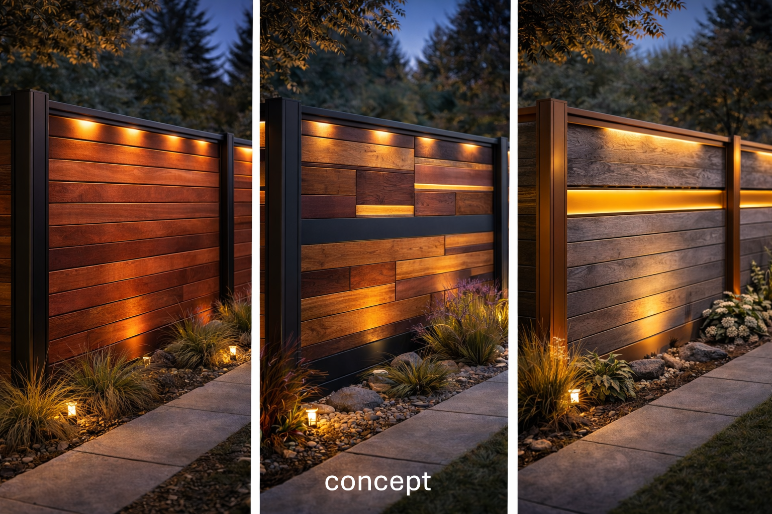 Three wooden privacy fences illuminated by warm outdoor lighting, with plants and rocks along a pathway at dusk.