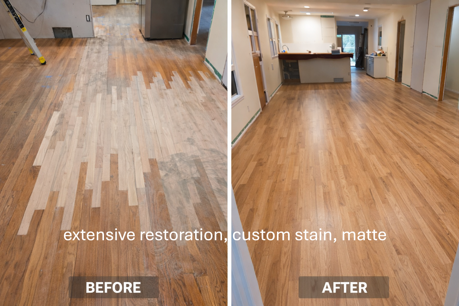 Comparison of a hardwood floor before and after extensive restoration, custom stain, matte finish. The before side shows a partial worn and uneven surface, while the after side displays a smooth, polished, and evenly stained floor.