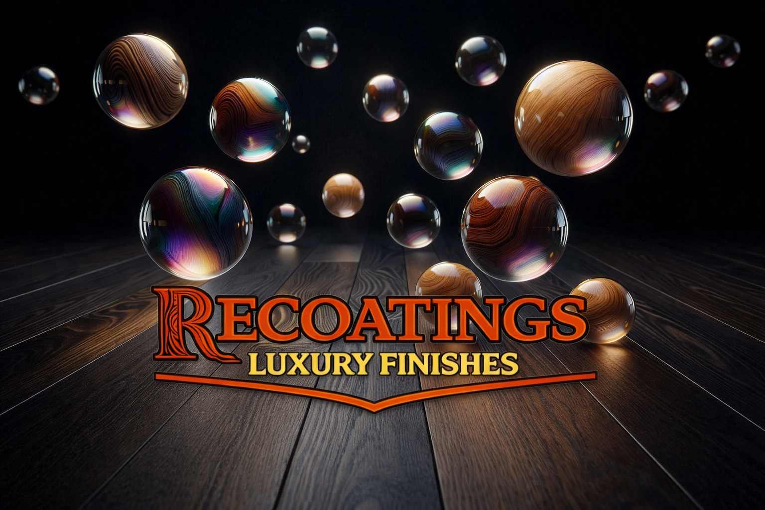 Text overlay reading 'Recoatings Luxury Finishes' over a background of multicolored glass spheres on a wooden floor.