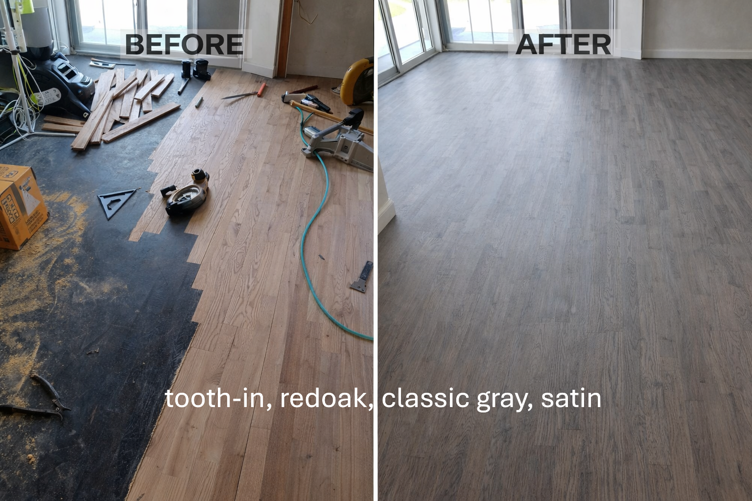 Side-by-side comparison of a flooring renovation. The left side shows a room in the process of having hardwood flooring installed, with tools, wood planks, and construction materials scattered, and the floor partially covered with black underlayment. The right side shows the same room after completion, with a smooth, finished wood floor in a classic gray, satin finish.