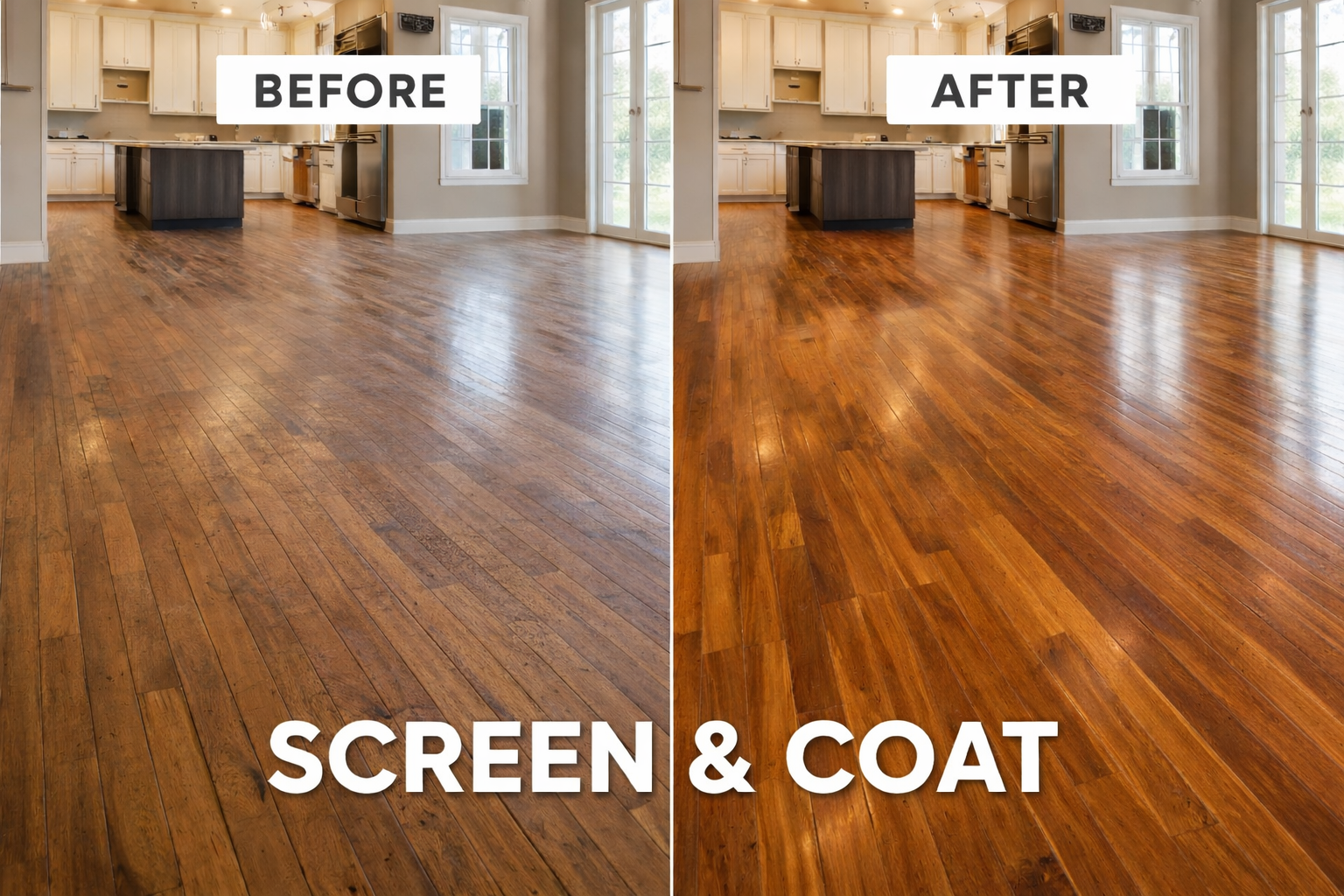 Screen & Coat hardwood floor renewal restoring worn wood floors without full sanding.